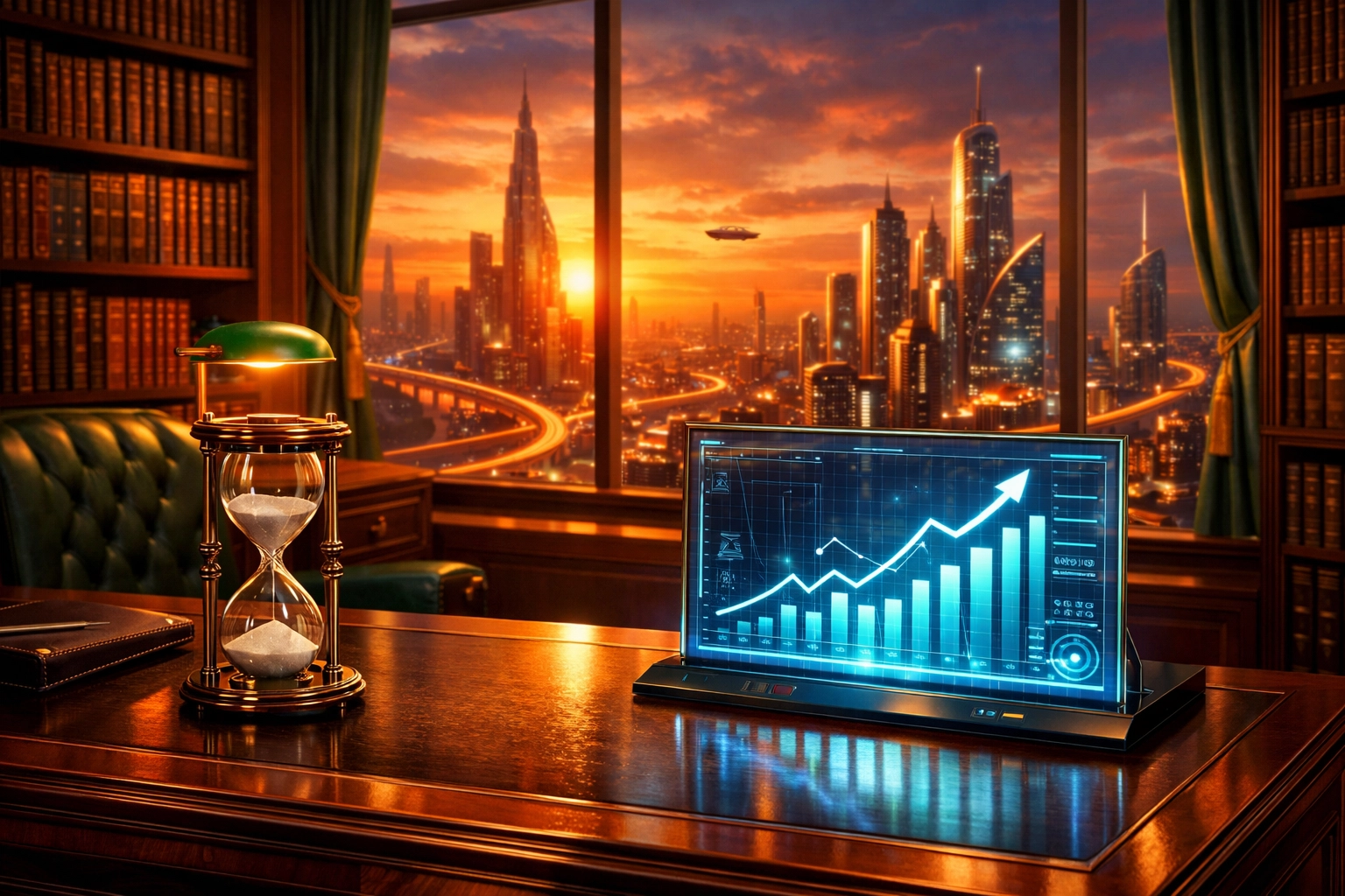 Modern executive study overlooking a skyline, representing long-term wealth preservation and growth trends.