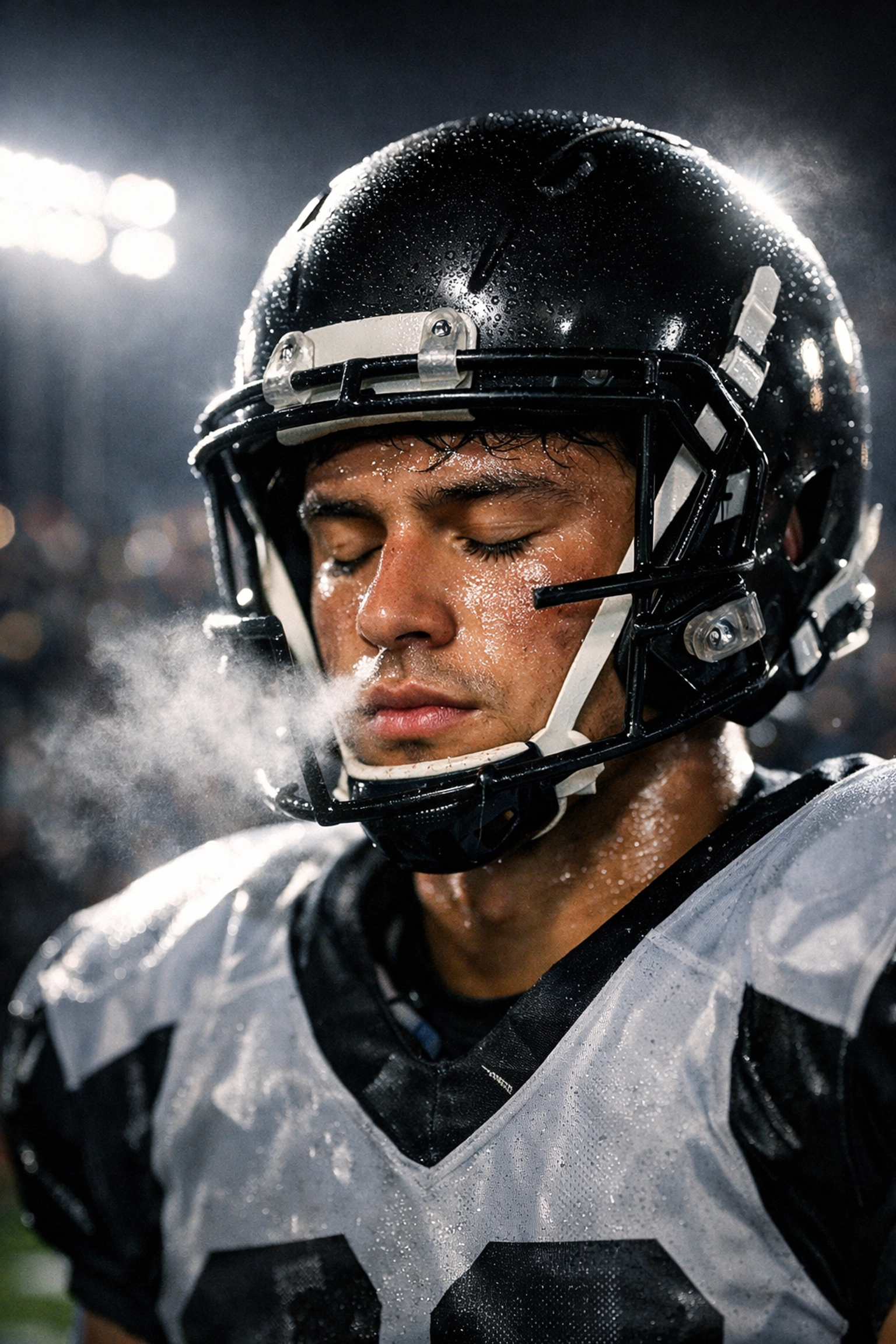 Focused football player on the sidelines practicing a Super Bowl mindset before the game.