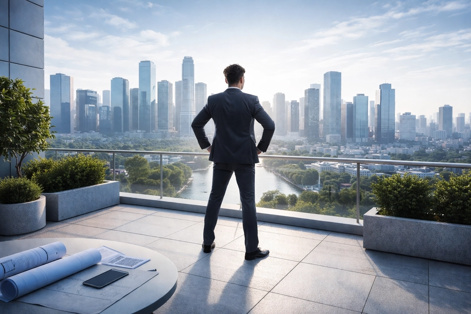 Business leader embracing new opportunities and strategic preparation, overlooking an abstract cityscape that represents global leadership development.
