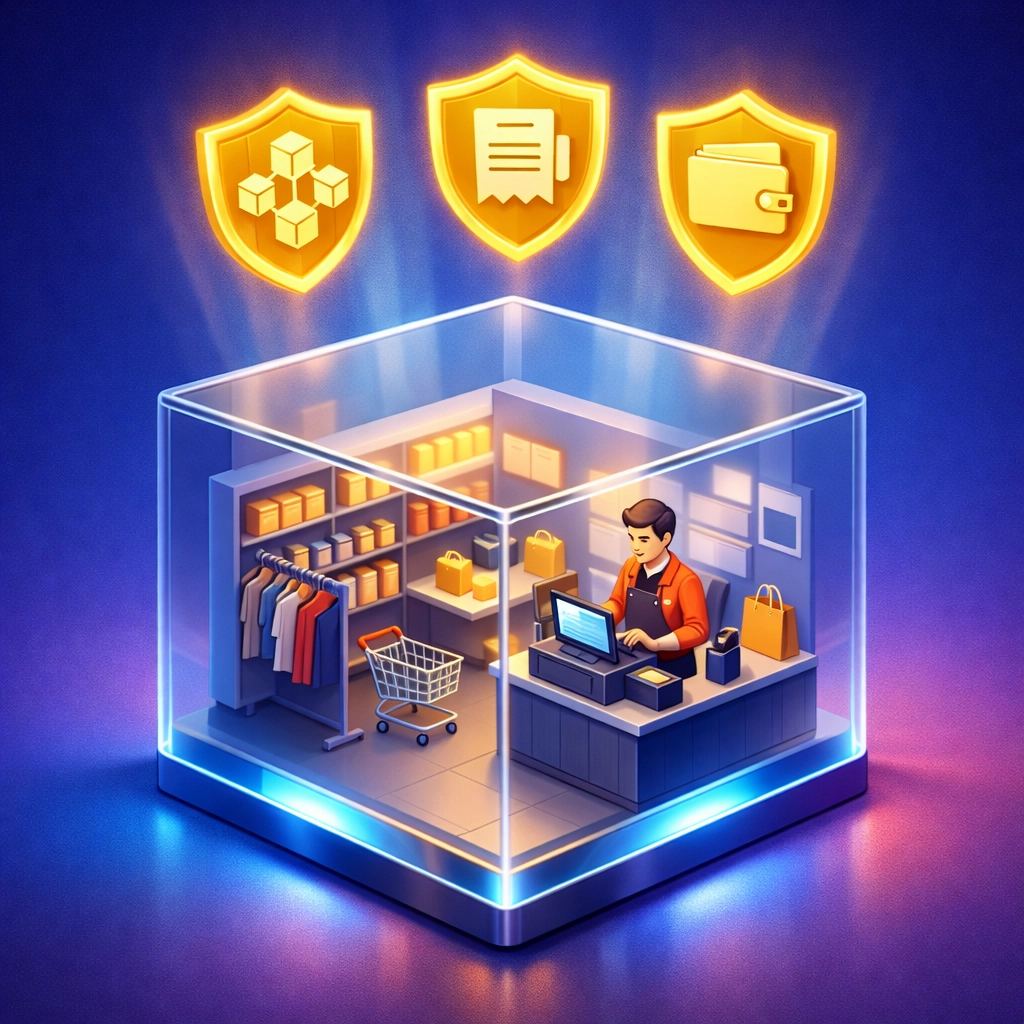 Larecoin merchant protected by blockchain security, NFT receipts, and wallet infrastructure