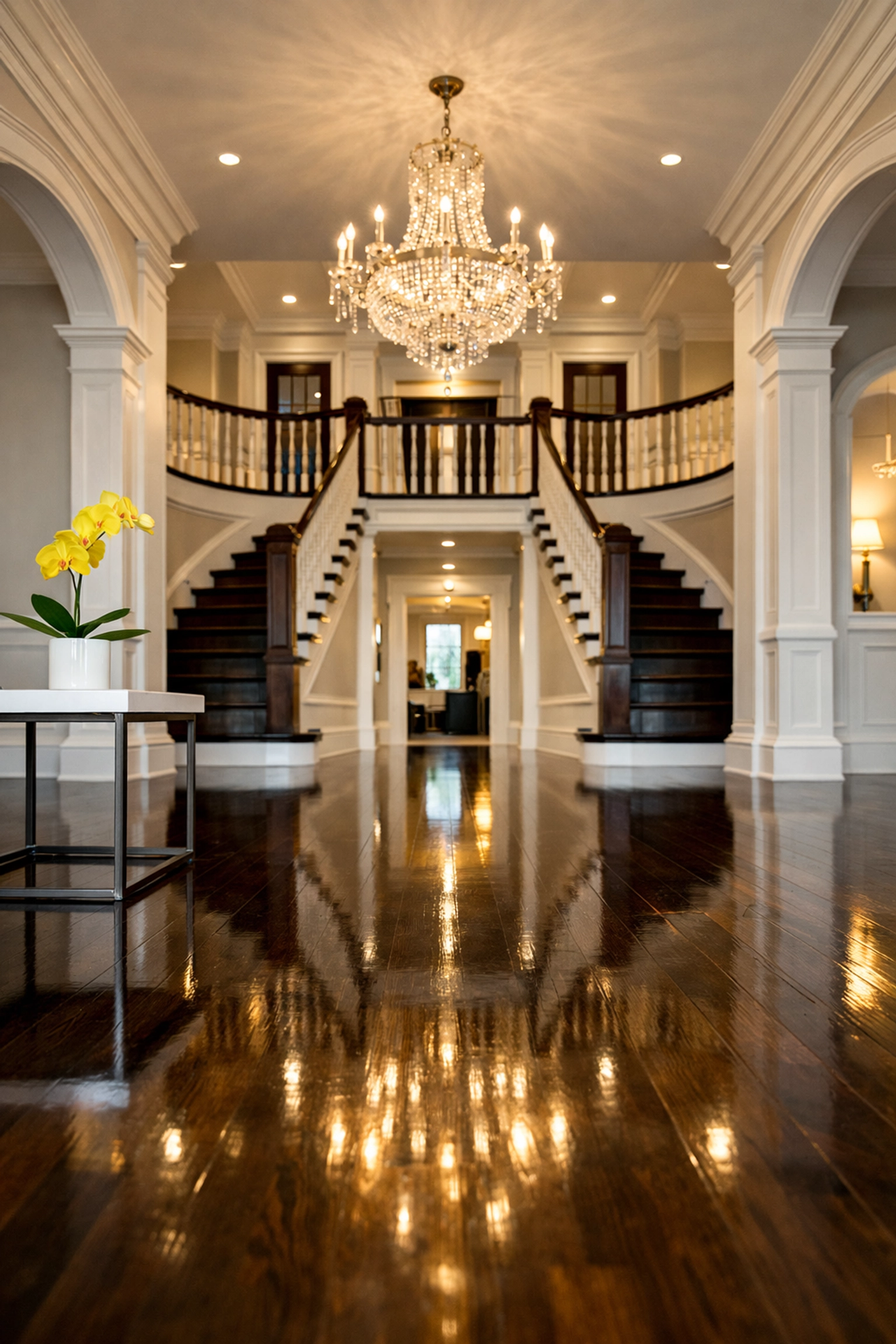 Pristine hardwood floors and grand foyer in a Brookline estate reflecting a crystal chandelier.