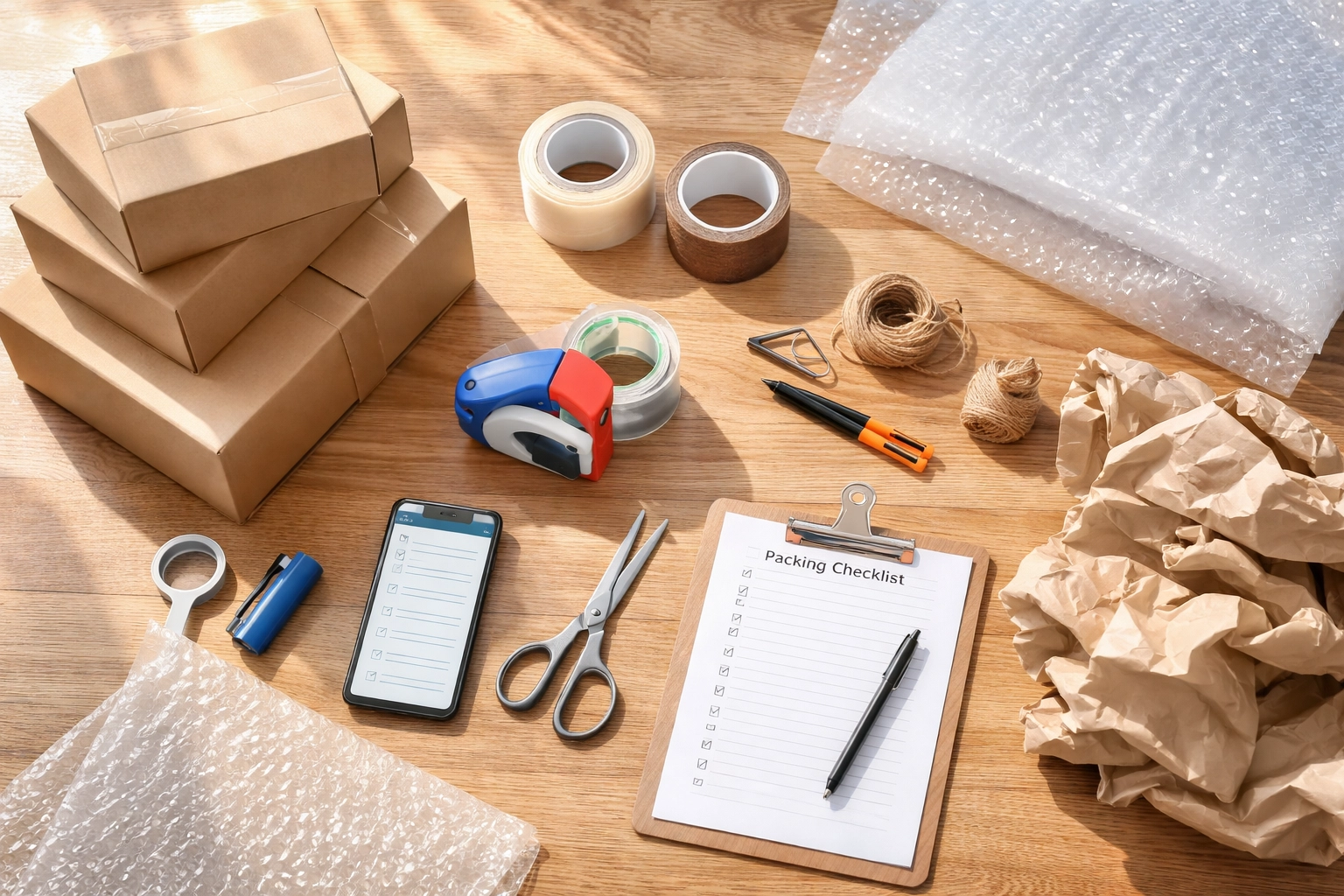 Neatly organized packing supplies, boxes, and checklist for an efficient weekend home move