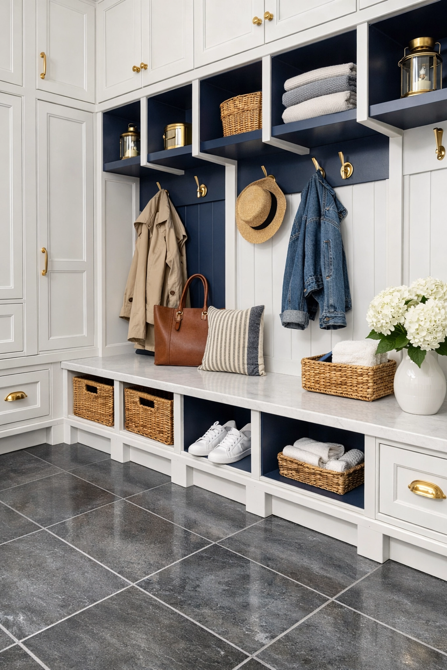 Immaculate luxury mudroom with scrubbed slate floors after a detailed bi-weekly house cleaning service.