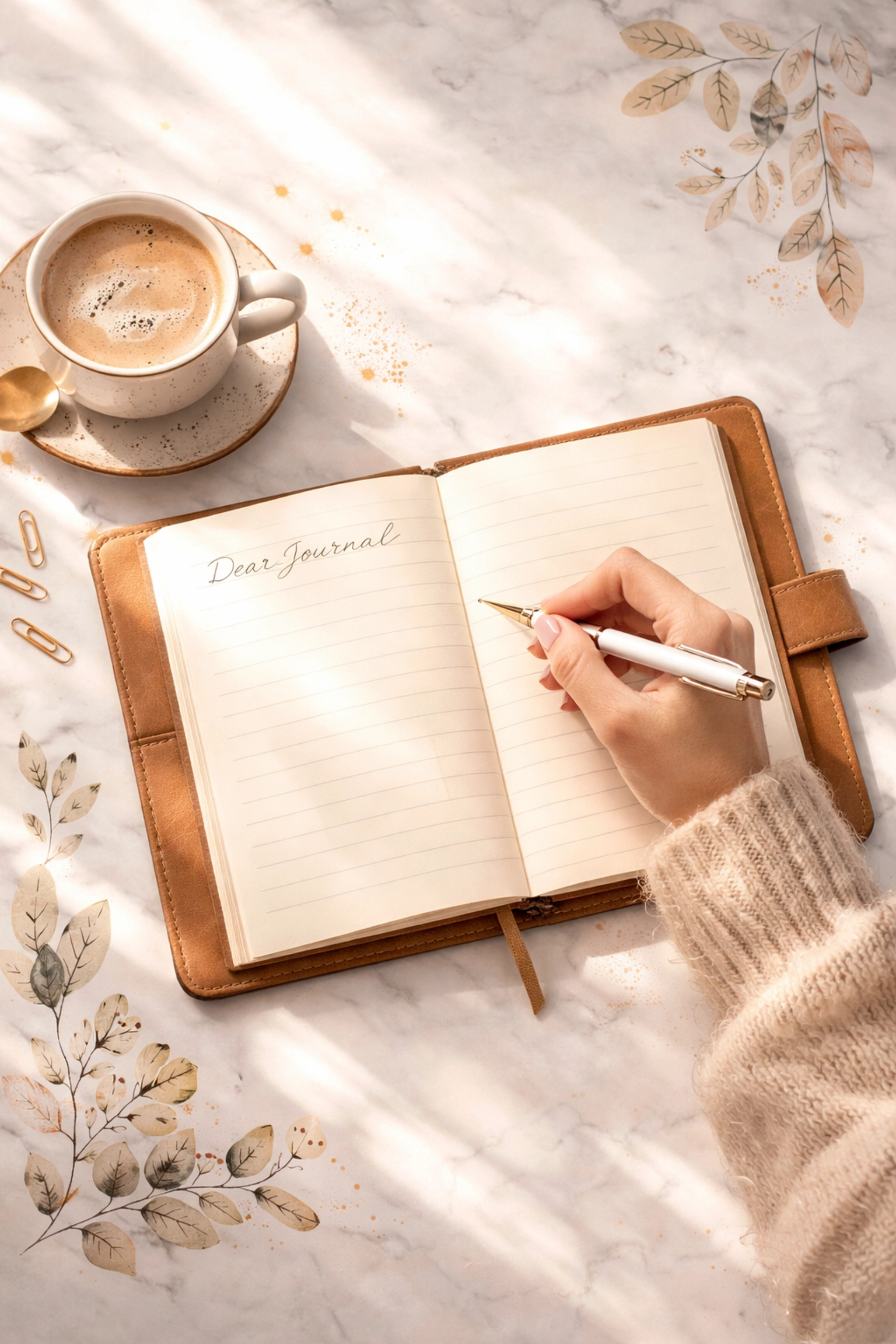 Hand writing in open journal for self-reflection and discovering your authentic voice