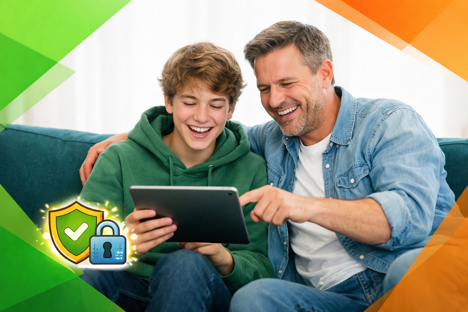 Father and son learning digital safety together to navigate the online world with character and wisdom.
