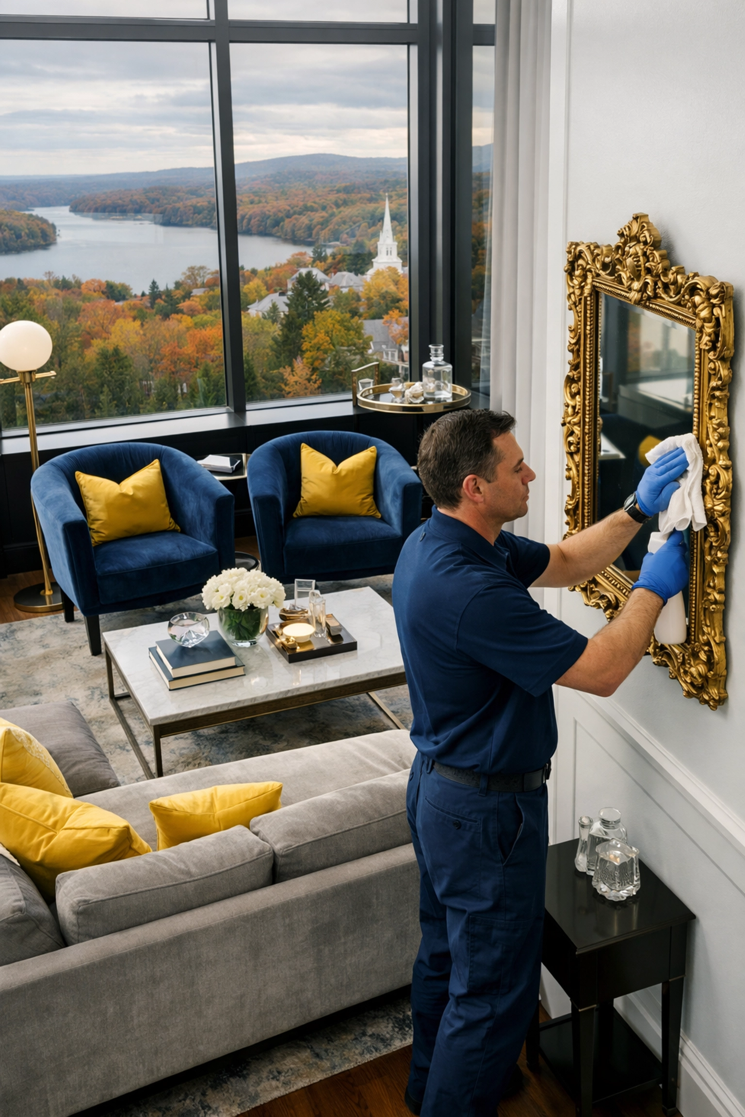 A trained professional cleaner from house cleaning services MA detailing a luxury Massachusetts home.