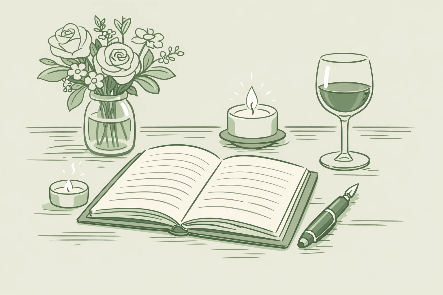 Journal with flowers and candles representing romantic self-care practices for gay men