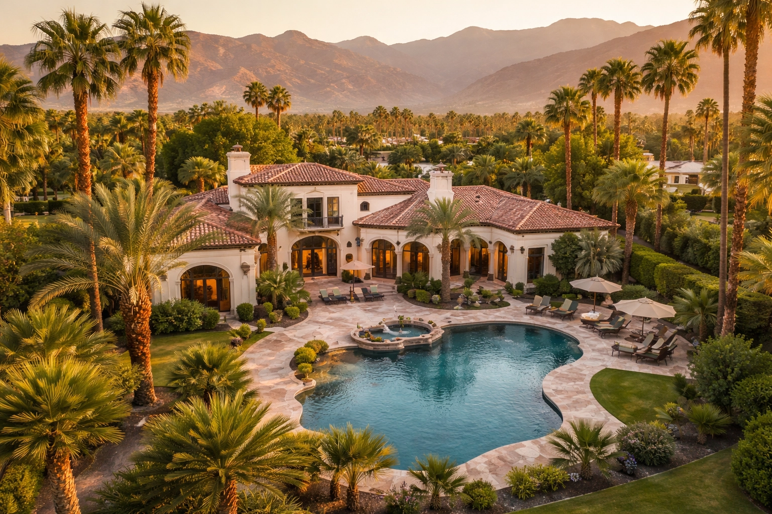 Aerial view of Spanish-style estate in Greater Palm Springs, showcasing probate property value and desert real estate market.