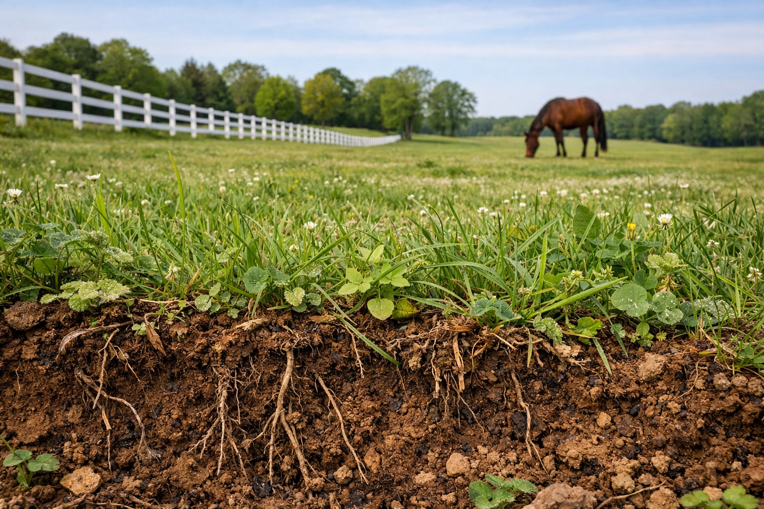 Healthy horse pasture in Davidson NC showing quality soil and sustainable land management