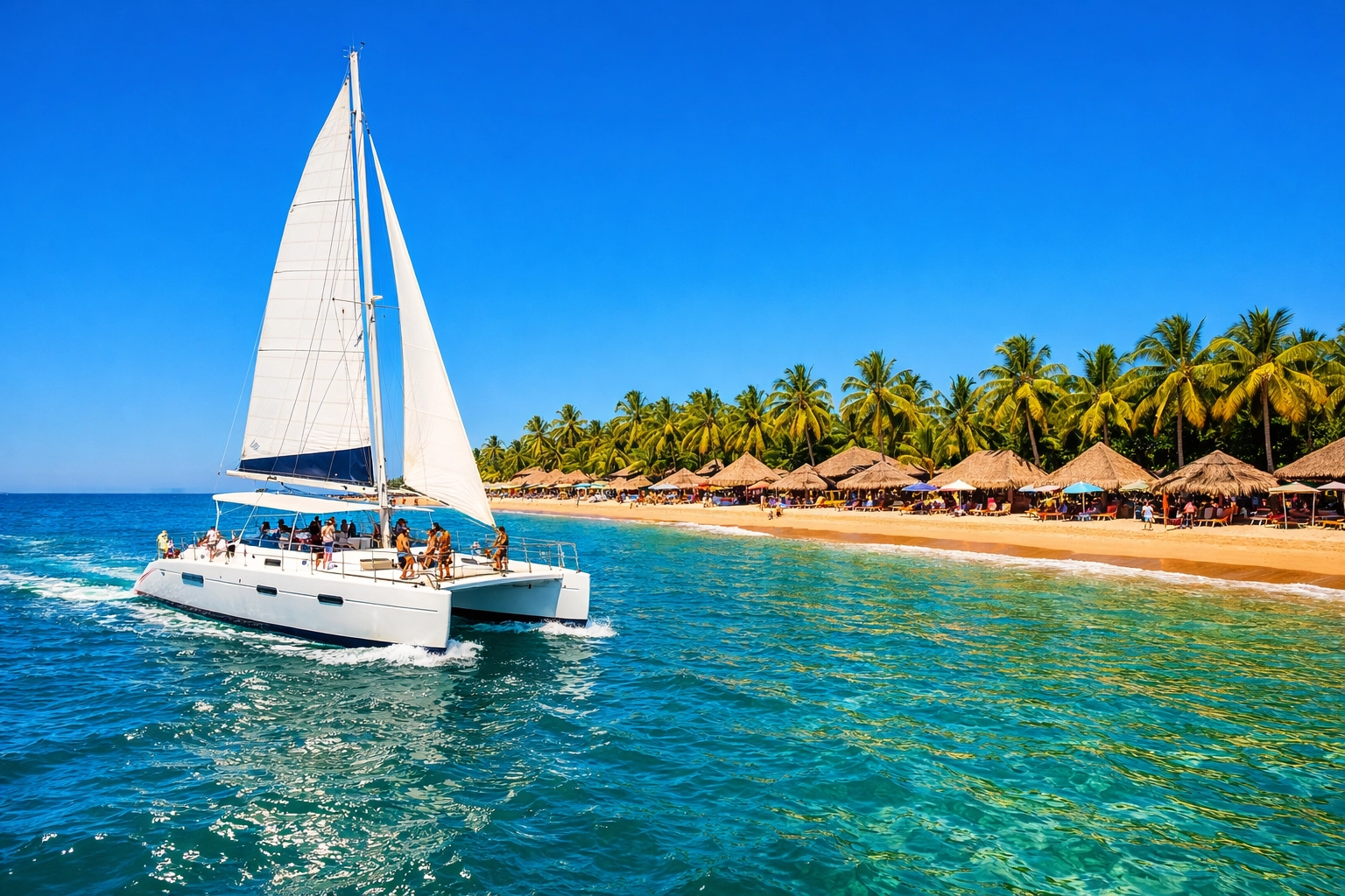 White catamaran sailing toward the palm-lined Stone Island beach in Mazatlán.