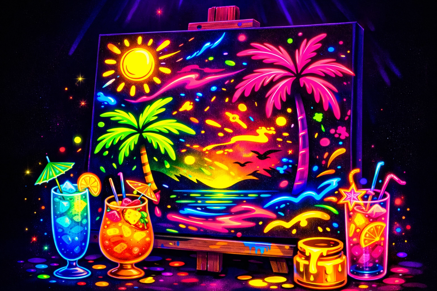 Neon paint canvas glowing under blacklight during San Juan night paint class