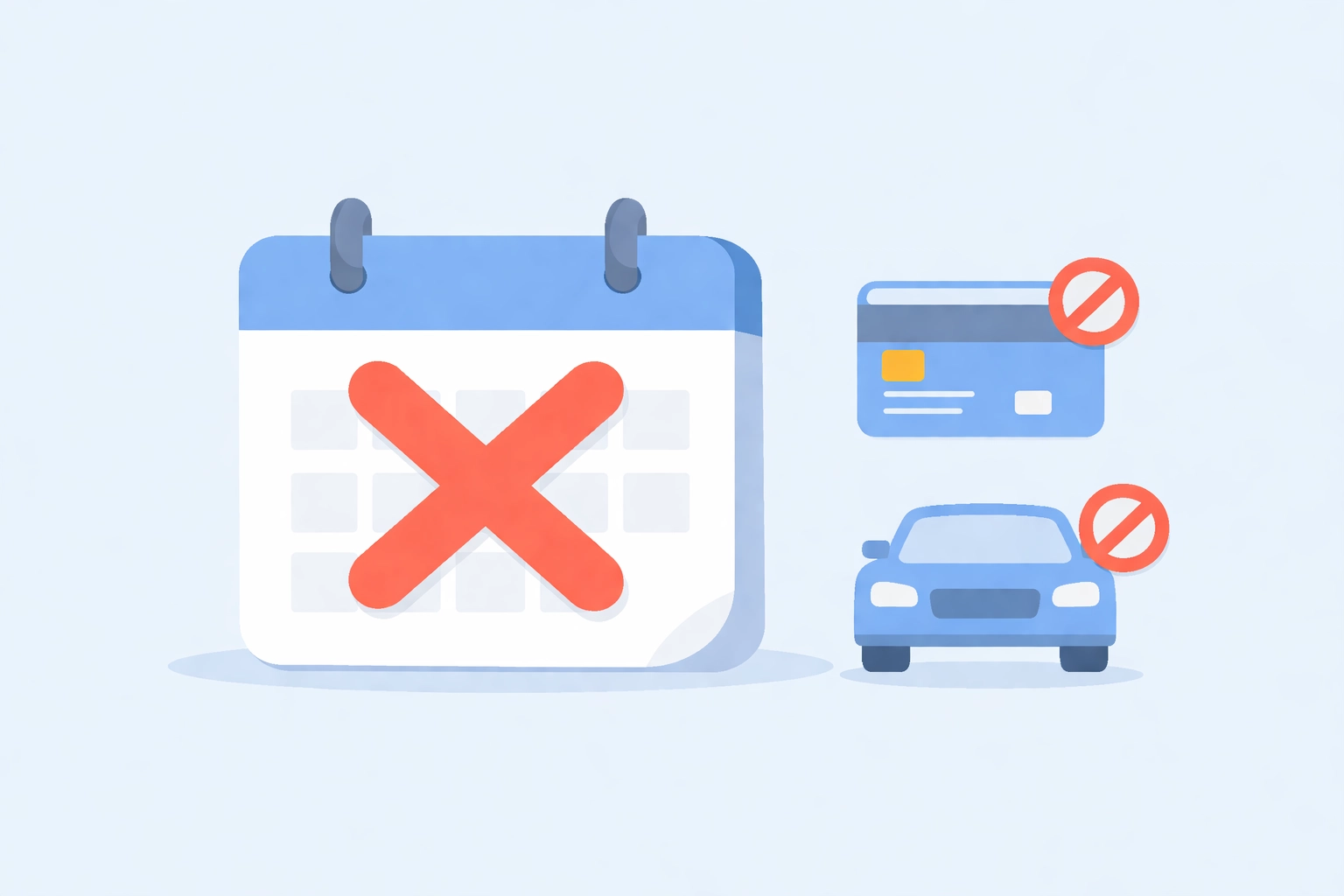Calendario con marca de stop y tarjetas bloqueadas, evitando solicitar crédito antes de hipoteca