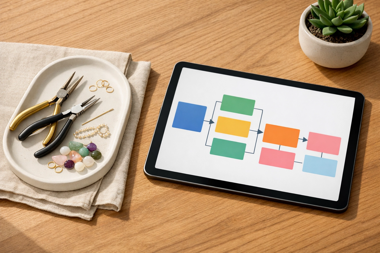 Organized desk with jewelry tools and digital systems, representing a sustainable online business for moms.