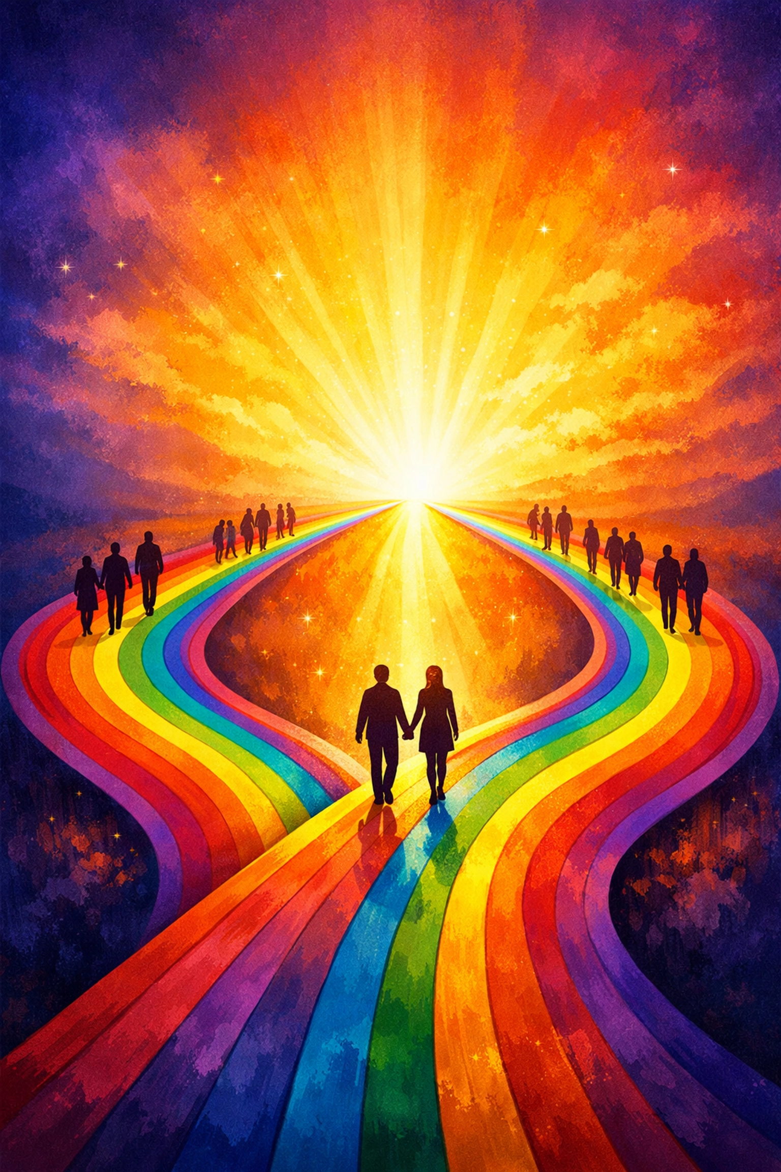 Rainbow paths converging into unified road symbolizing LGBTQ+ equality and hope