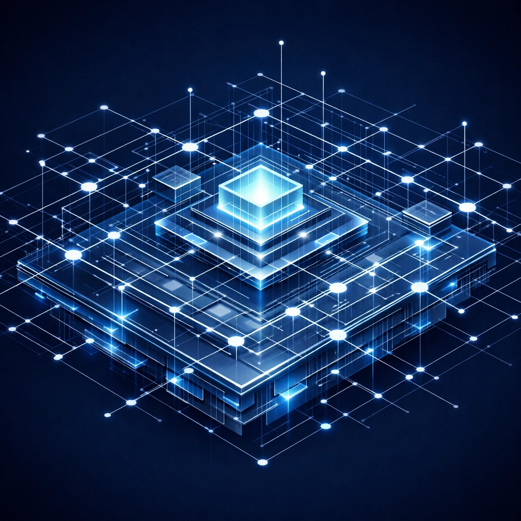 Interconnected digital nodes representing a stable infrastructure for custom automation software systems.