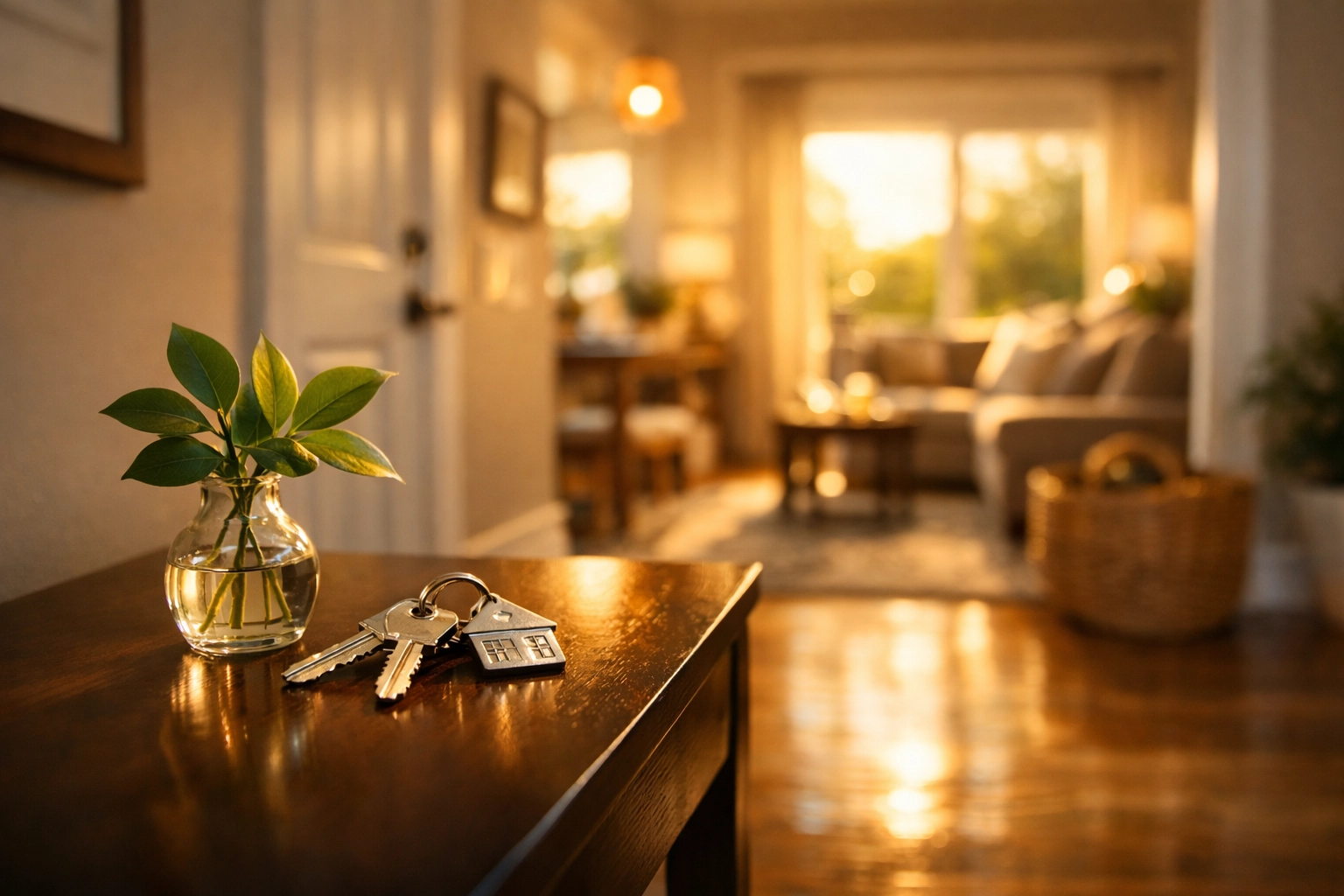 Clean modern home entryway with polished floors and house keys signifying a successful real estate closing.