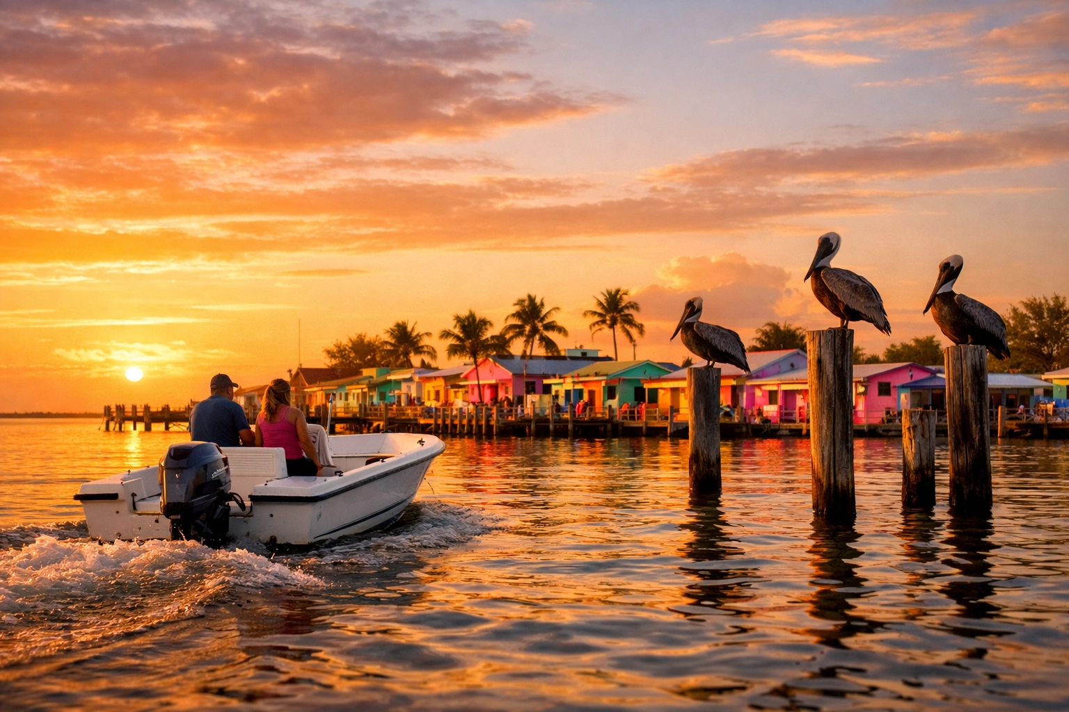 Boat on water near colorful Matlacha village in Northwest Cape Coral