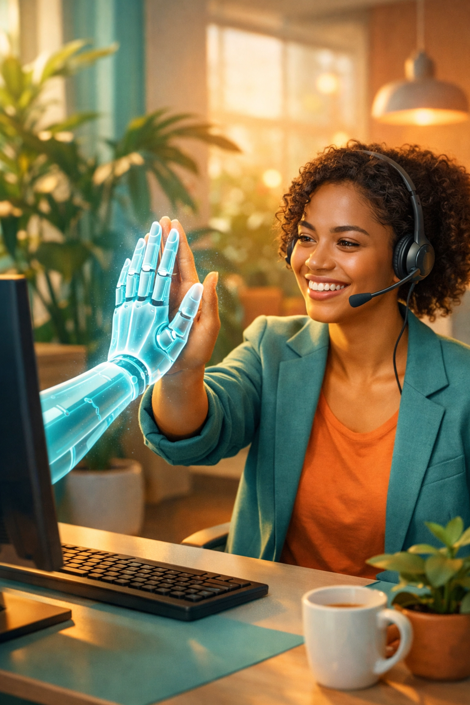 Human agent and AI robot high-fiving, illustrating a hybrid AI customer service strategy.