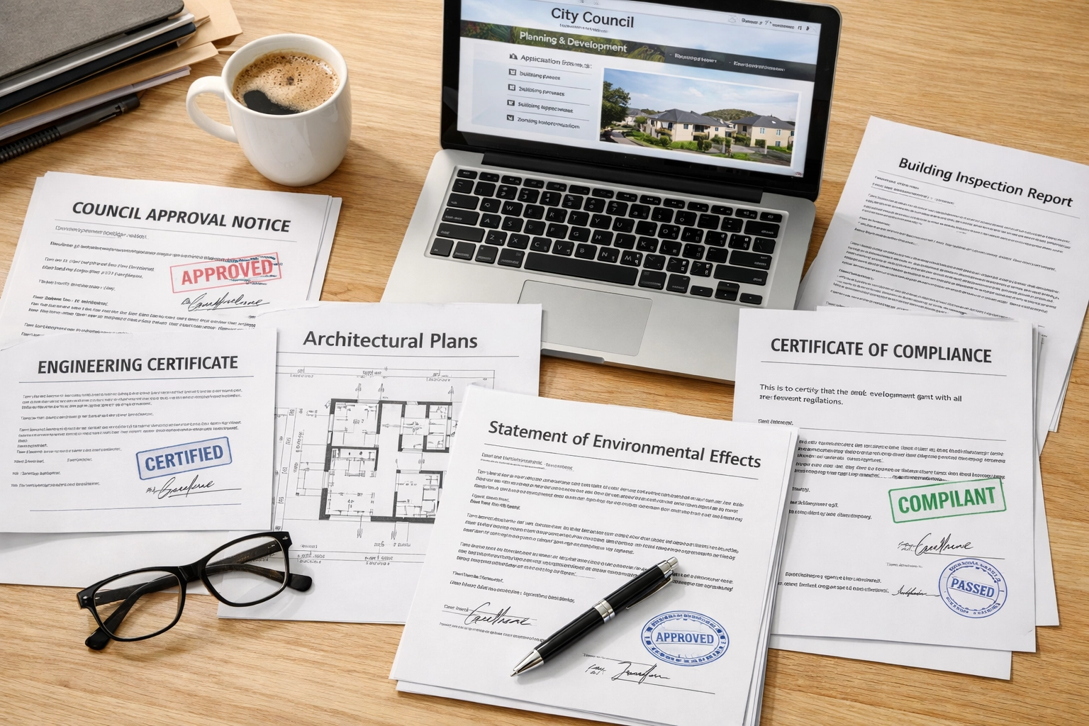 Council approval documents and compliance certificates for modular granny flat