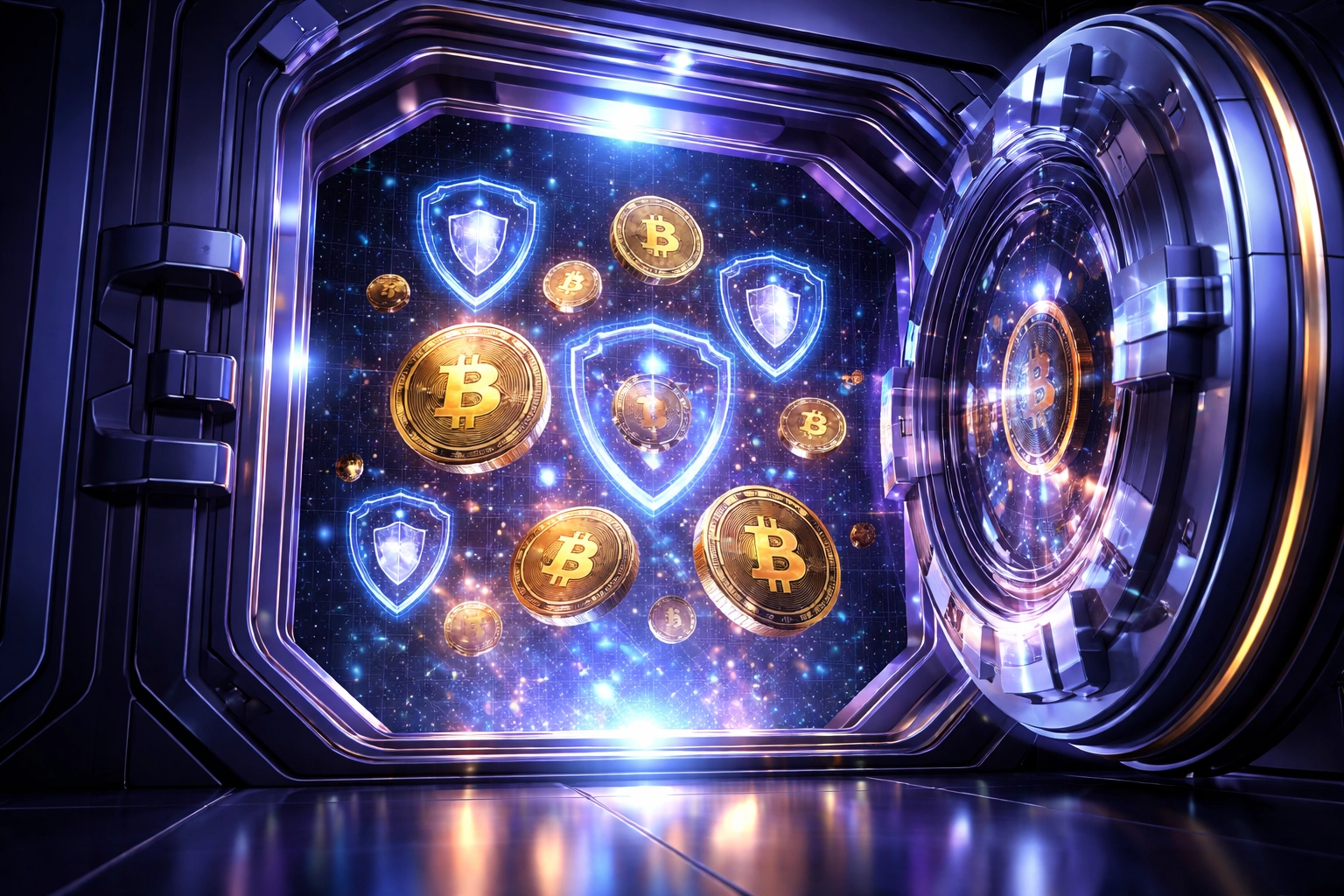 A secure digital vault with floating cryptocurrency coins, symbolizing self-custody and financial control in Web3 payments.