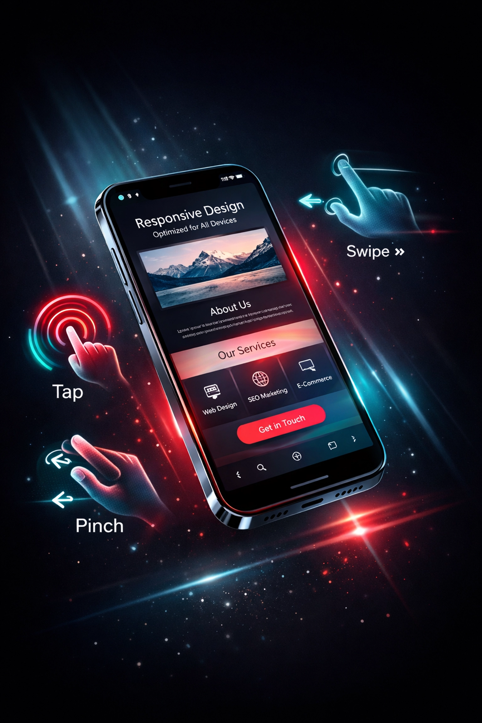 Mobile phone displaying responsive website design with modern user interface elements