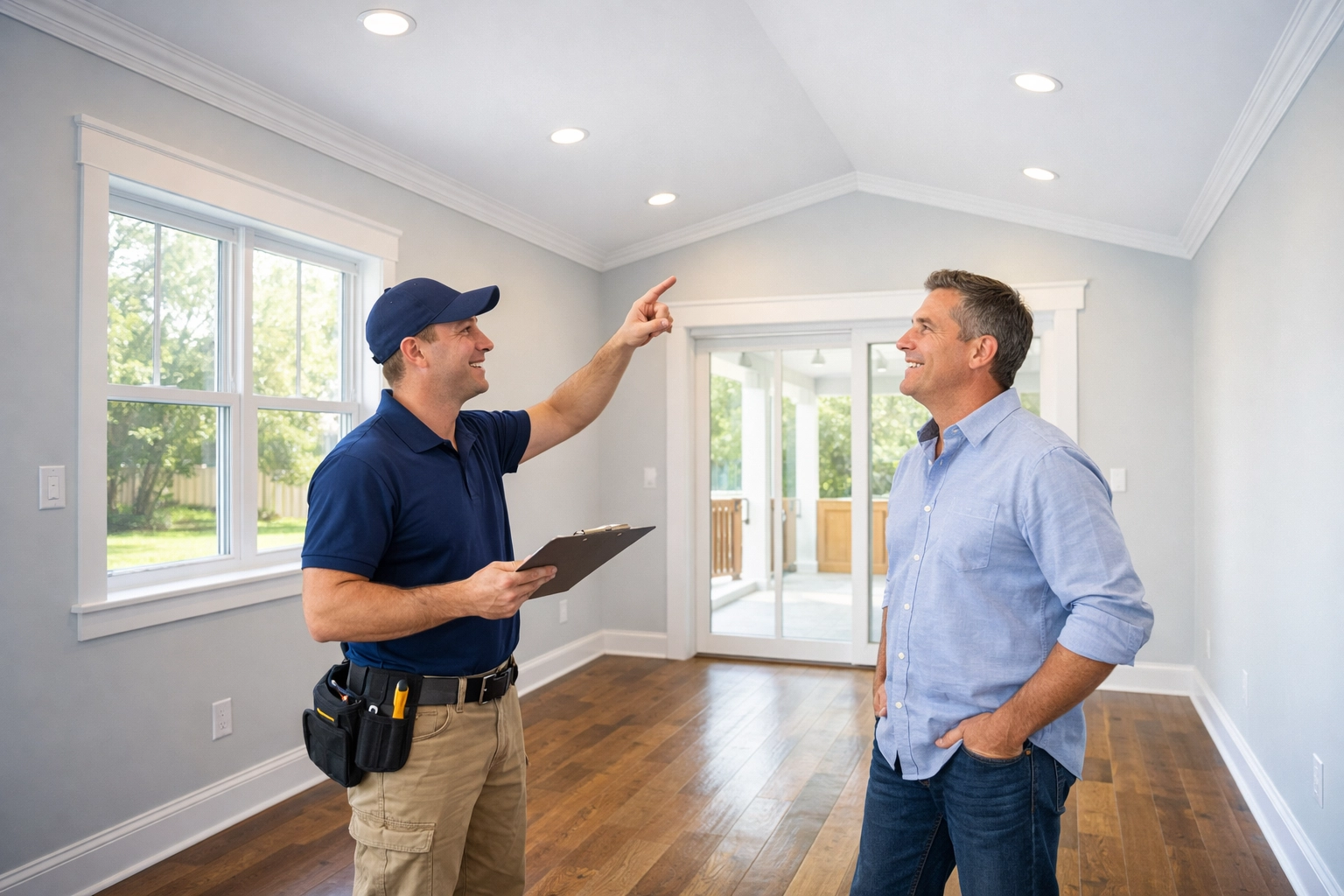 Completed room addition interior with contractor conducting final walkthrough with homeowner