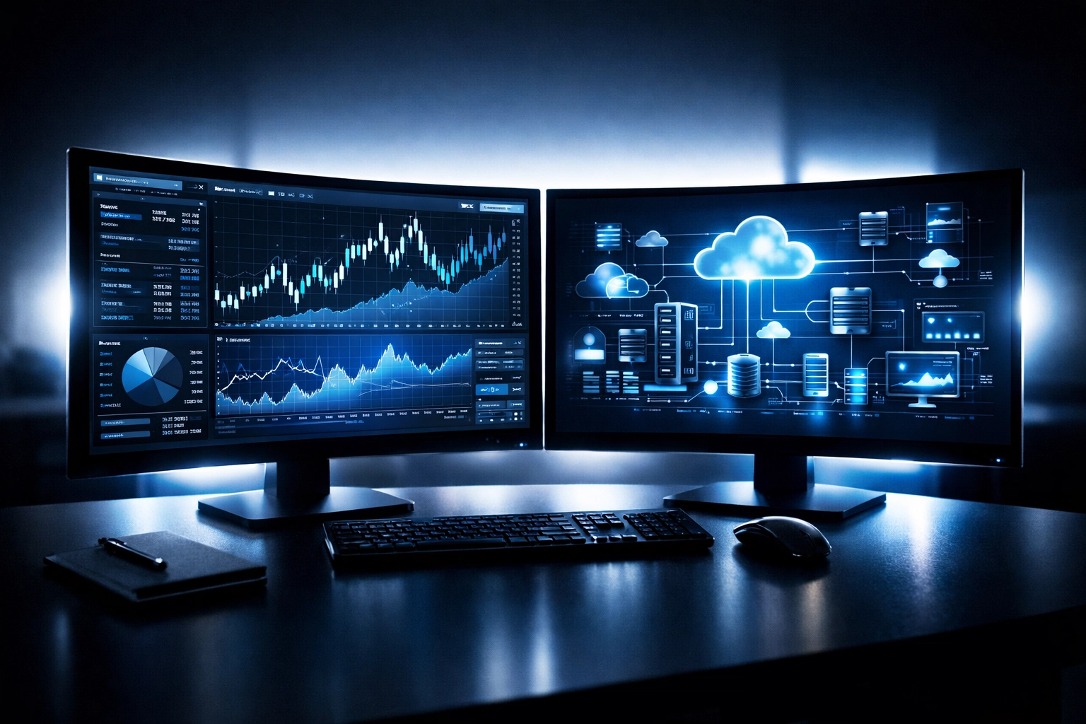 Dual monitors displaying financial data visualizations and cloud infrastructure optimization metrics