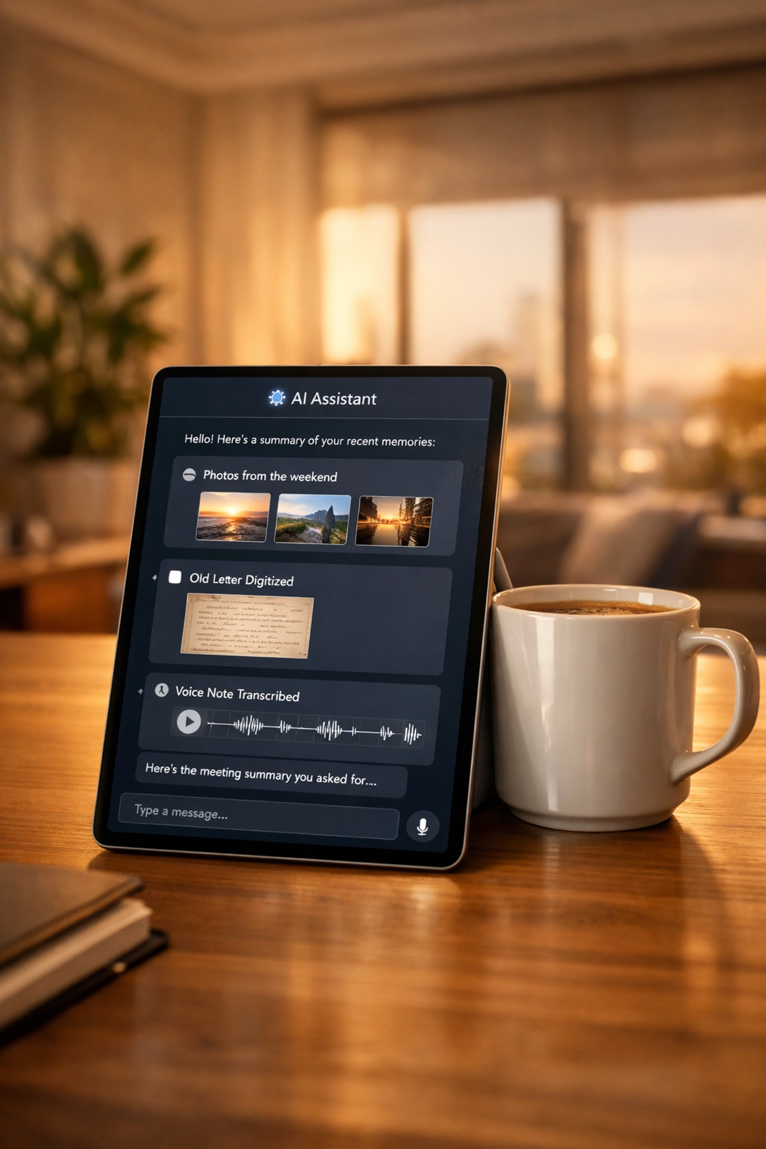 A tablet displaying a personal AI chat interface for searching a digitized life archive and paper trail.