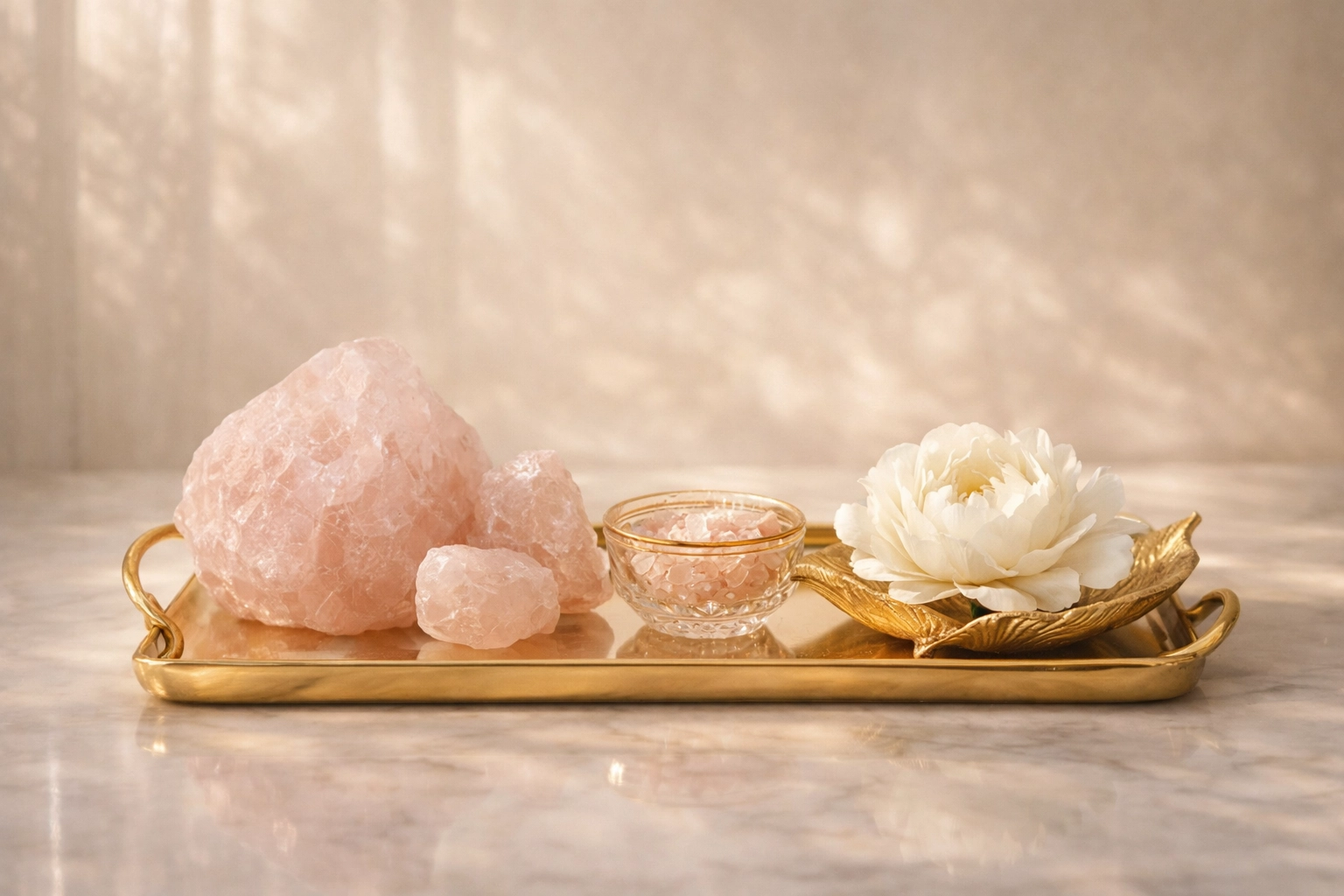 Minimalist spiritual altar with rose quartz and peony symbolizing innate worthiness and the blueprint for inner mastery.