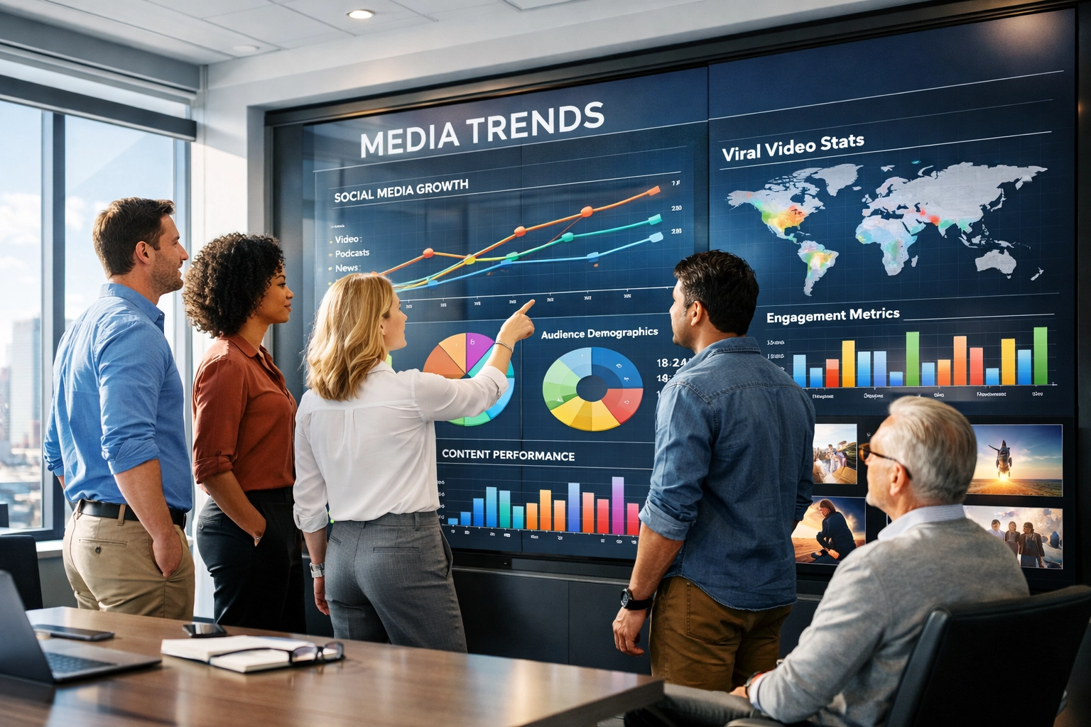 Business consultants analyzing fan engagement data and media trends for sports marketing activations.