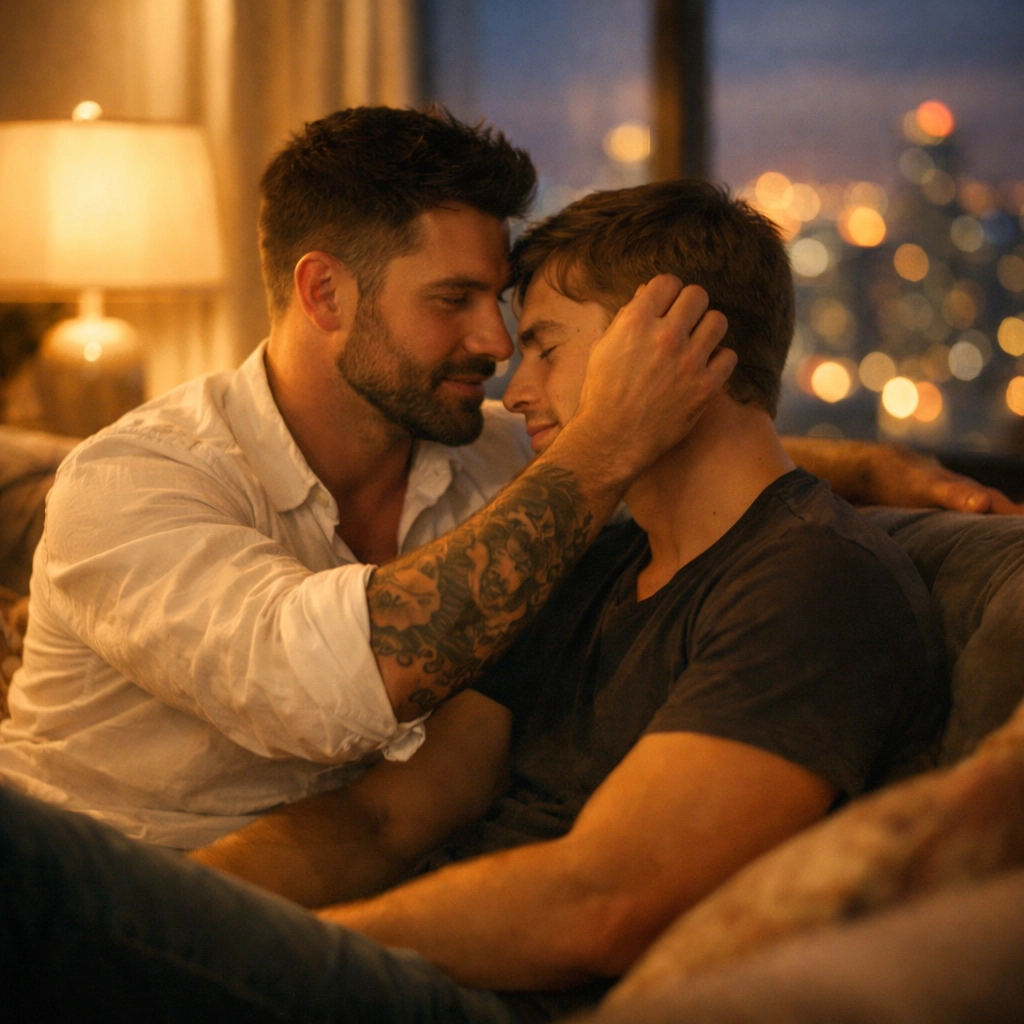 Two men sharing a moment of quiet intimacy on a sofa, reflecting themes of tender MM romance.