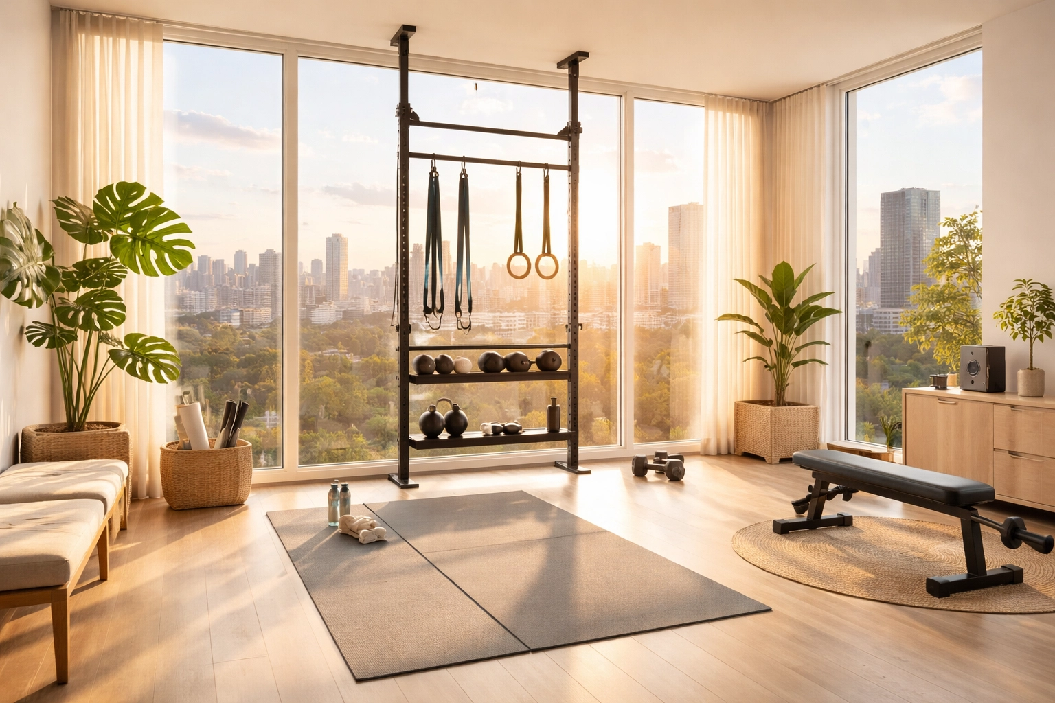Bright home gym with tension-mounted fitness rail and resistance bands for advanced bodyweight workouts