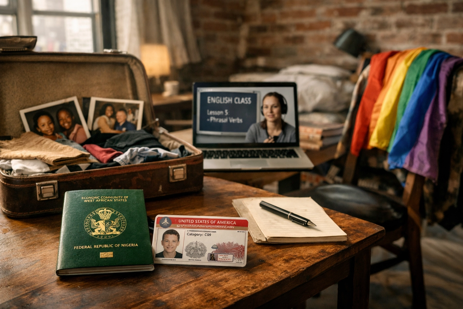 Brooklyn apartment showing Nigerian passport and American documents of LGBTQ refugee rebuilding life