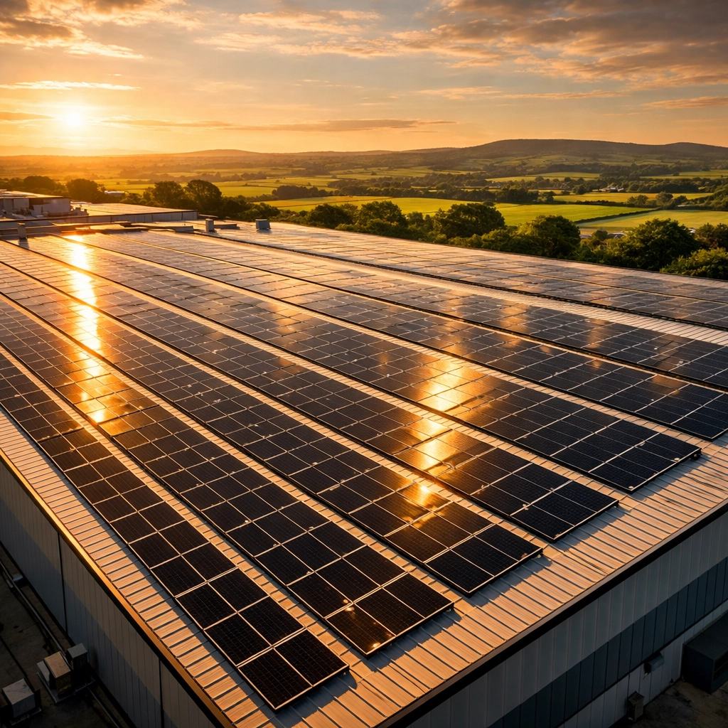 Large-scale commercial solar panel installation on UK warehouse rooftop with 250kWp+ capacity