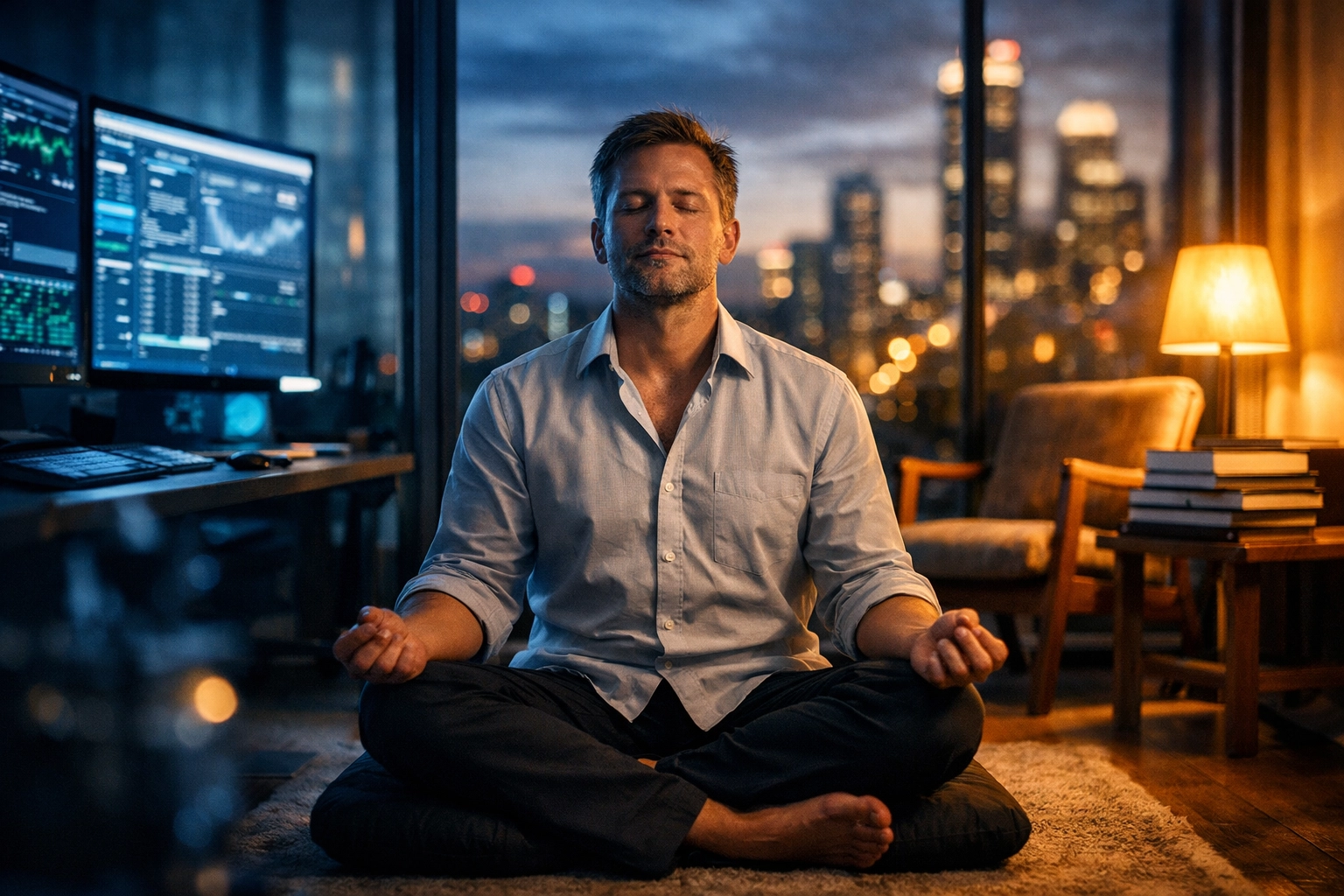 Professional taking a mental reset on a meditation cushion to transition between work and online studies.