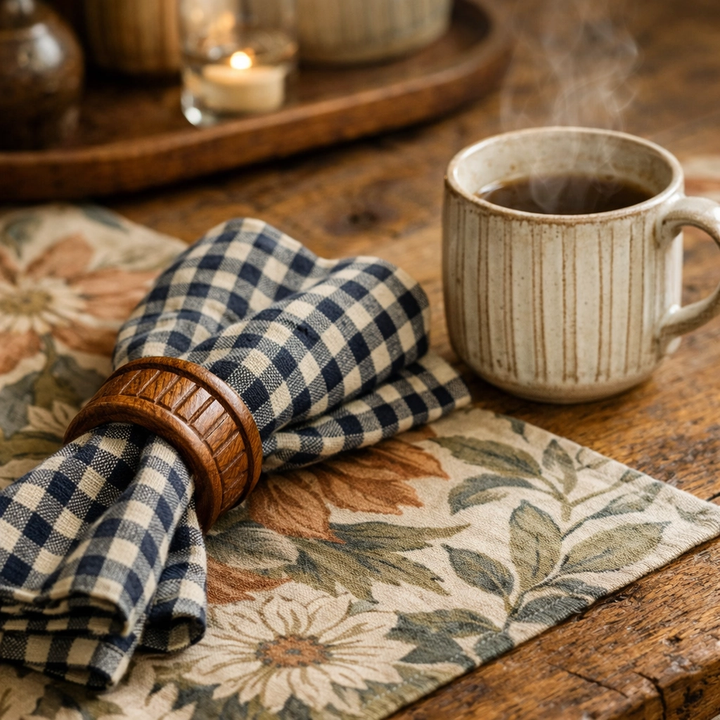Handcrafted botanical table runner and gingham napkin showing variation in pattern scale for artisan dining.
