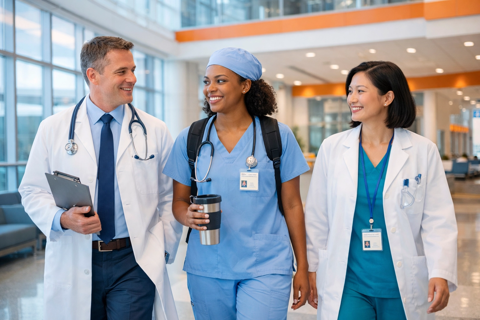 Diverse healthcare professionals collaborating in a modern hospital to illustrate workforce flexibility.