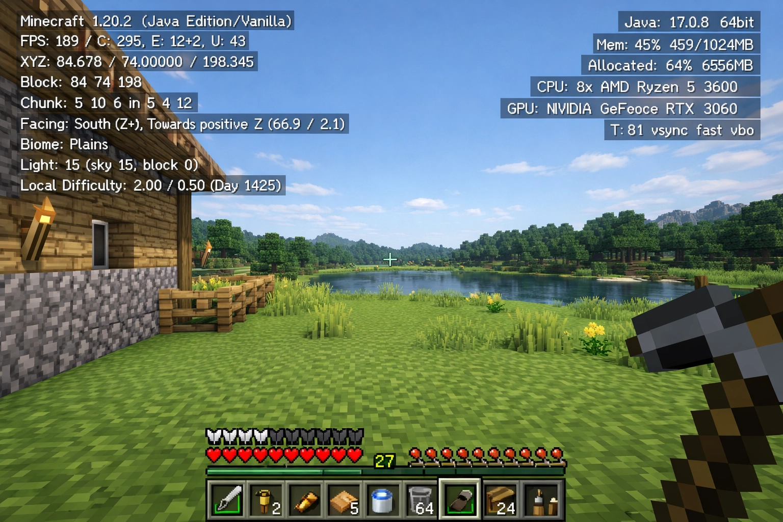 High-resolution 2026 screenshot of Minecraft Java Edition showing the F3 debug screen with XYZ coordinates enabled in a clean, polished interface.