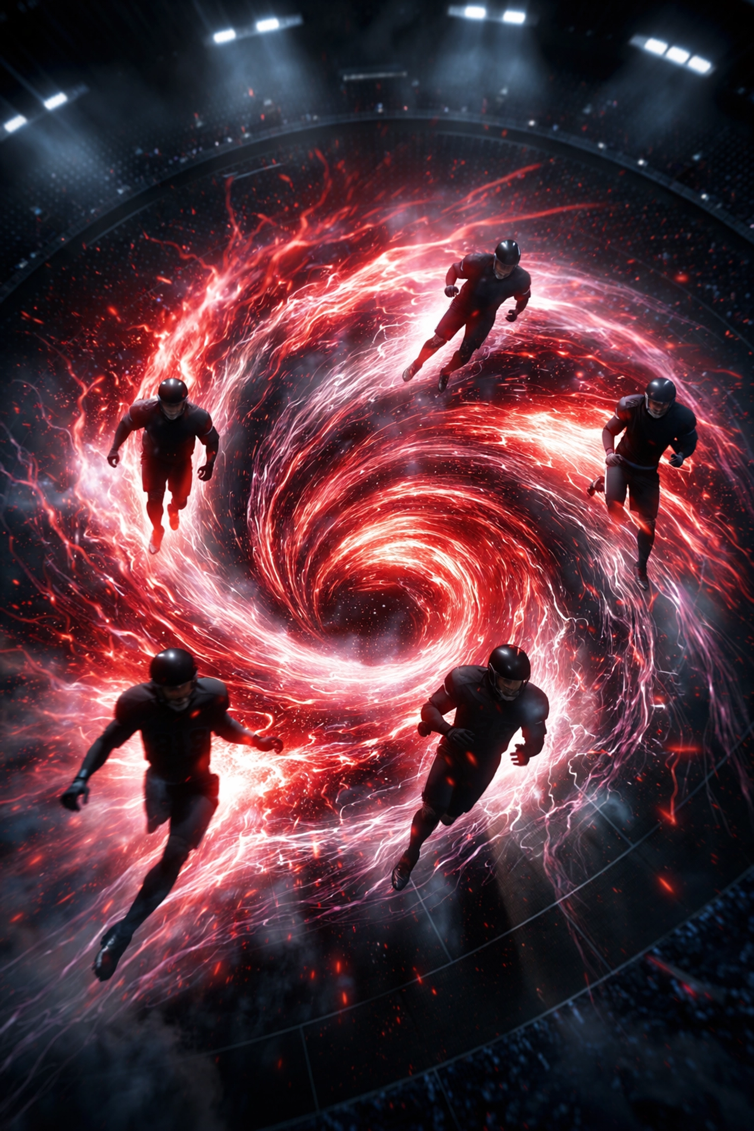 Football players entering a swirling transfer portal, representing Indiana's roster changes after the title win