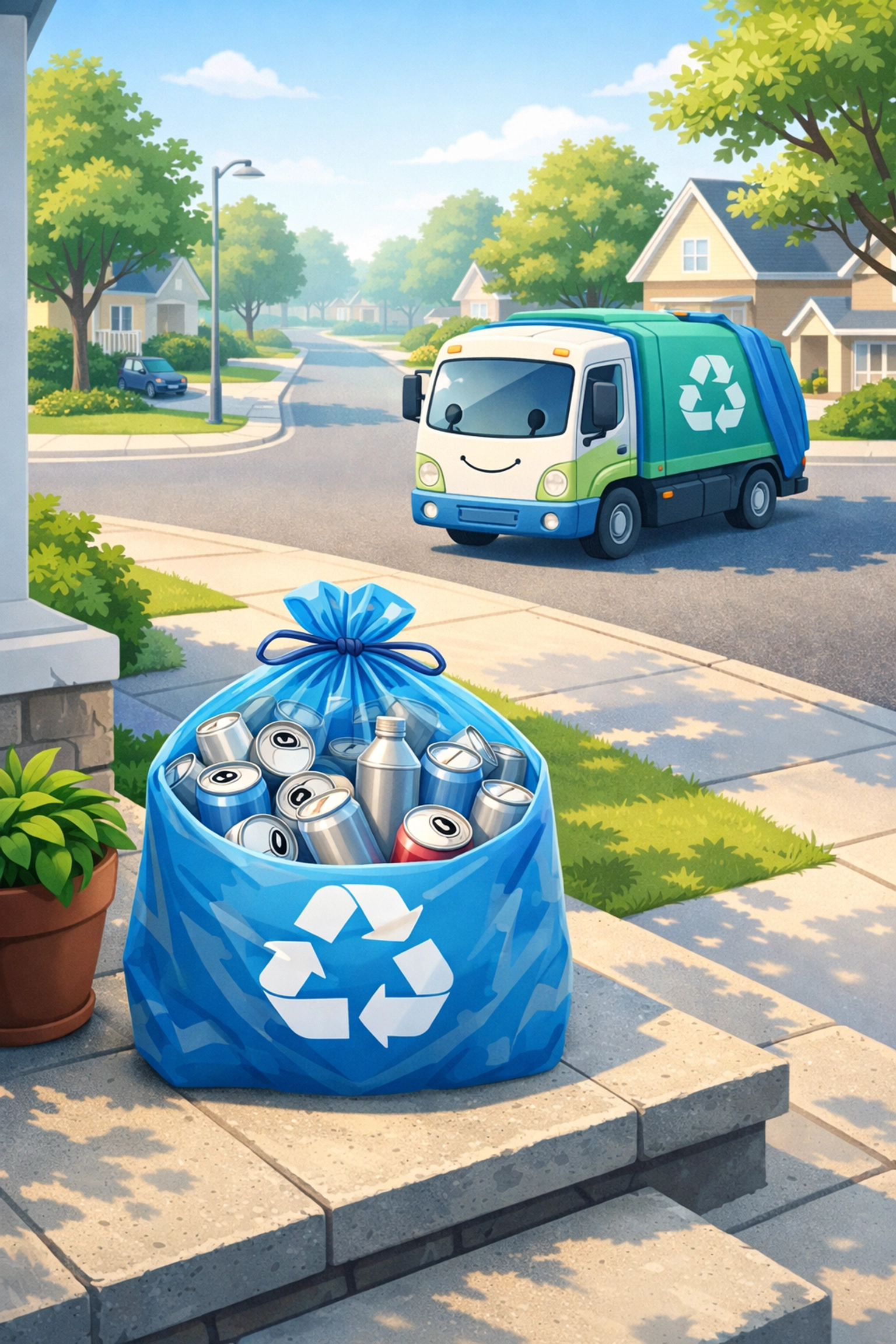 Curbside recycling pickup with blue bag of aluminum cans on doorstep and recycling truck on street