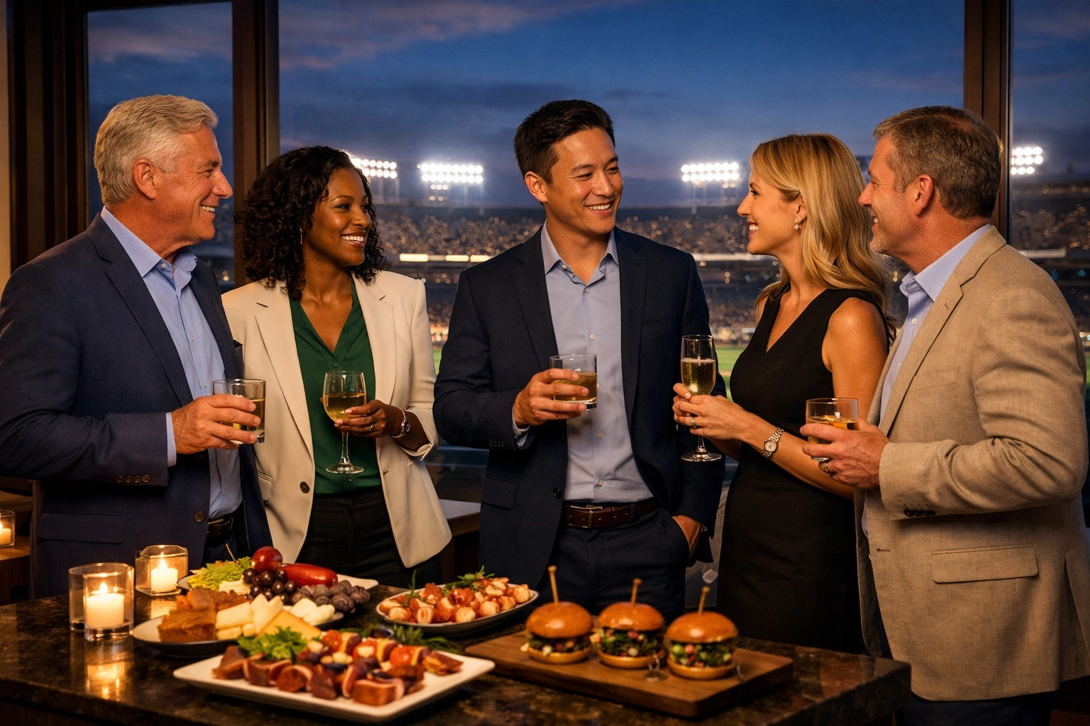 Executives networking at a luxury rooftop lounge with a panoramic view of the Super Bowl stadium.