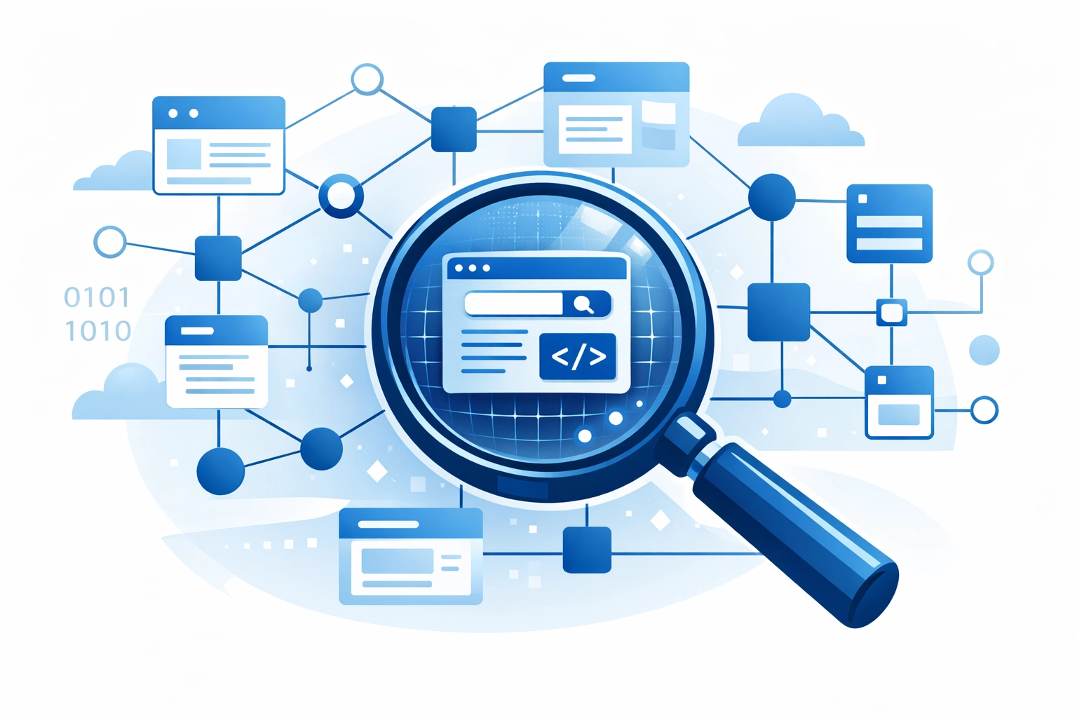 Magnifying glass auditing a website network to improve search engine optimization and accessibility.