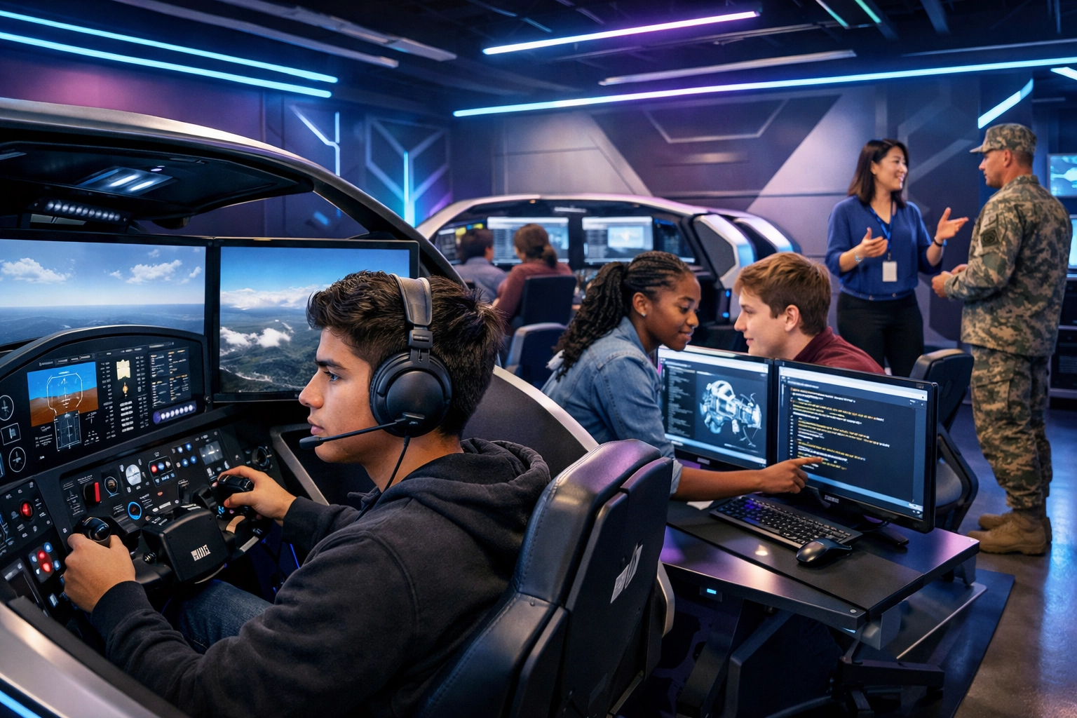 Diverse high school students engaged in career-focused esports simulation training at EsportsPod facility