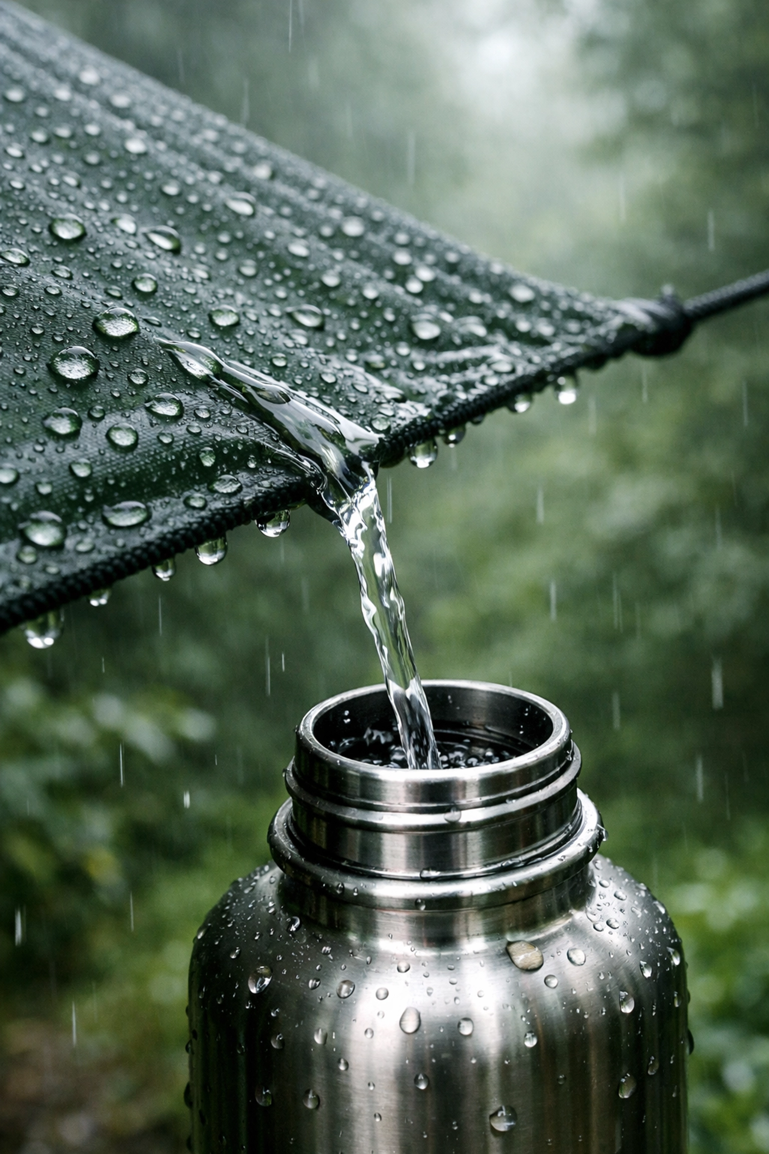 Collecting clean rainwater from a camping tarp into a bottle, a top tip for sourcing water in the UK wilderness.