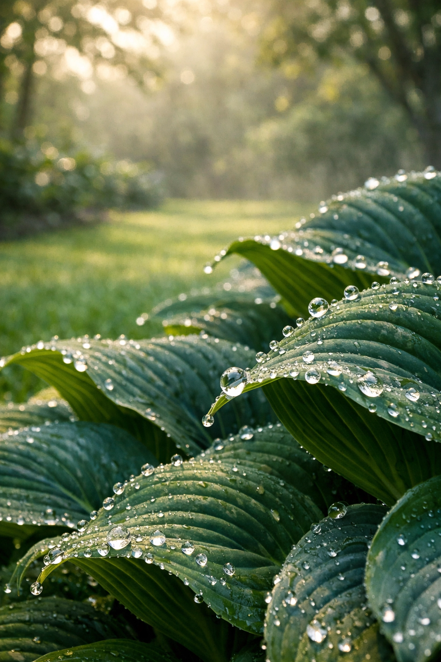 Close-up of green hosta leaves showing where mosquitoes hide in a spring garden.