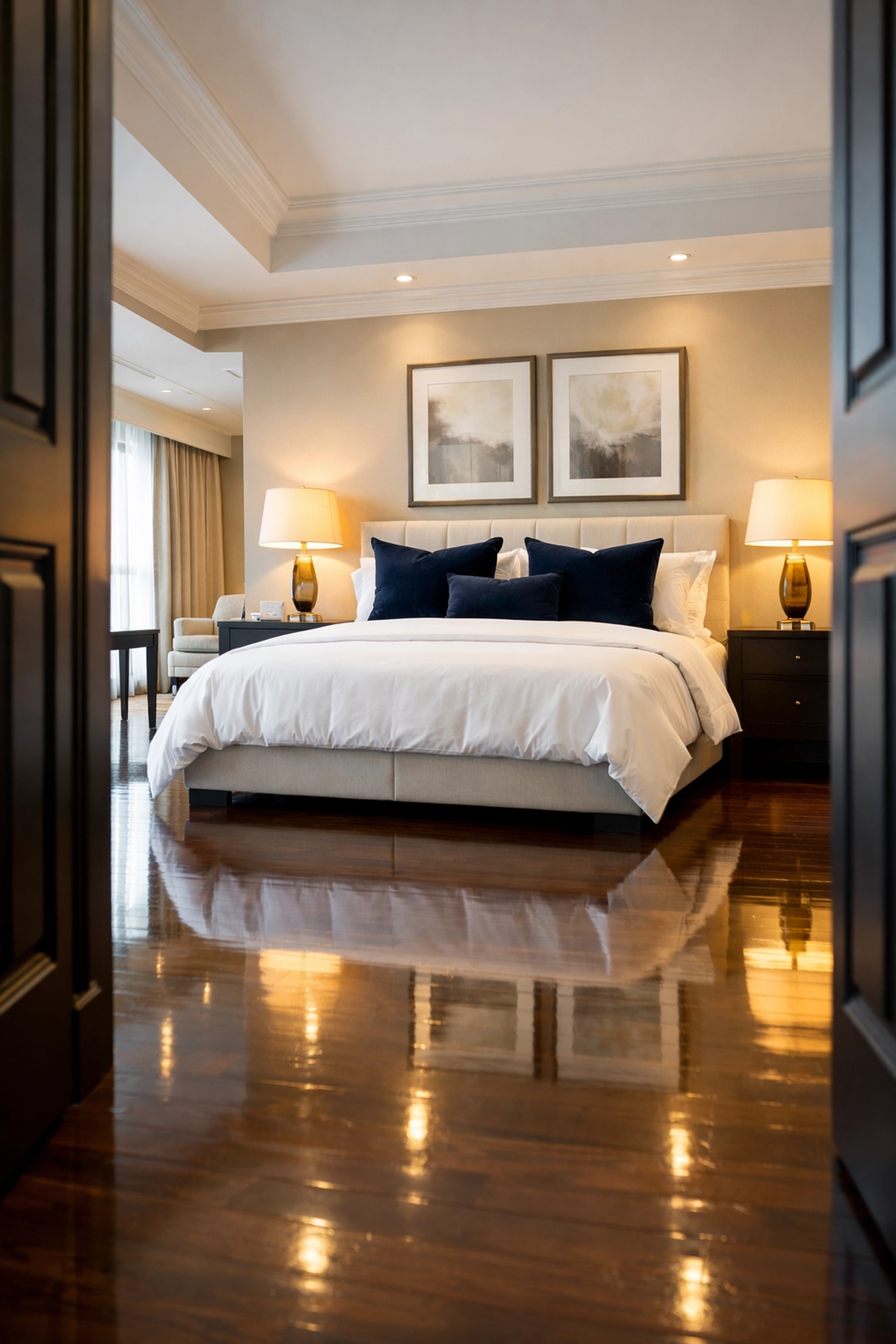 A pristine master bedroom with polished floors and blue accents showcasing professional cleaning results.
