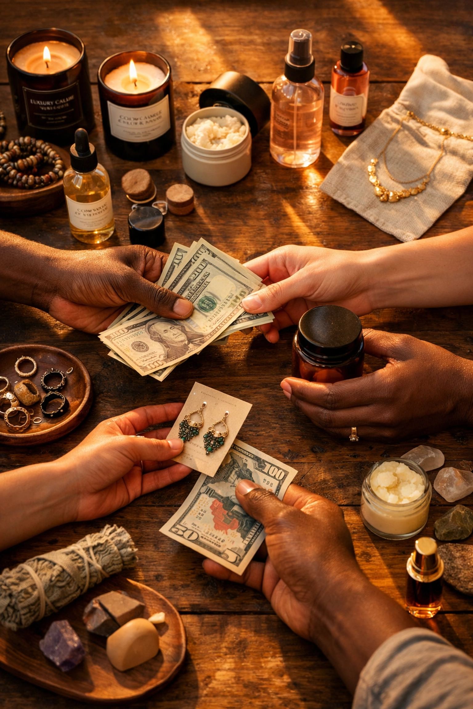 The Black Wall Streets Legacy: How We're Rebuilding Economic Power One Purchase at a Time Community members exchanging products from Black-owned businesses including candles and jewelry