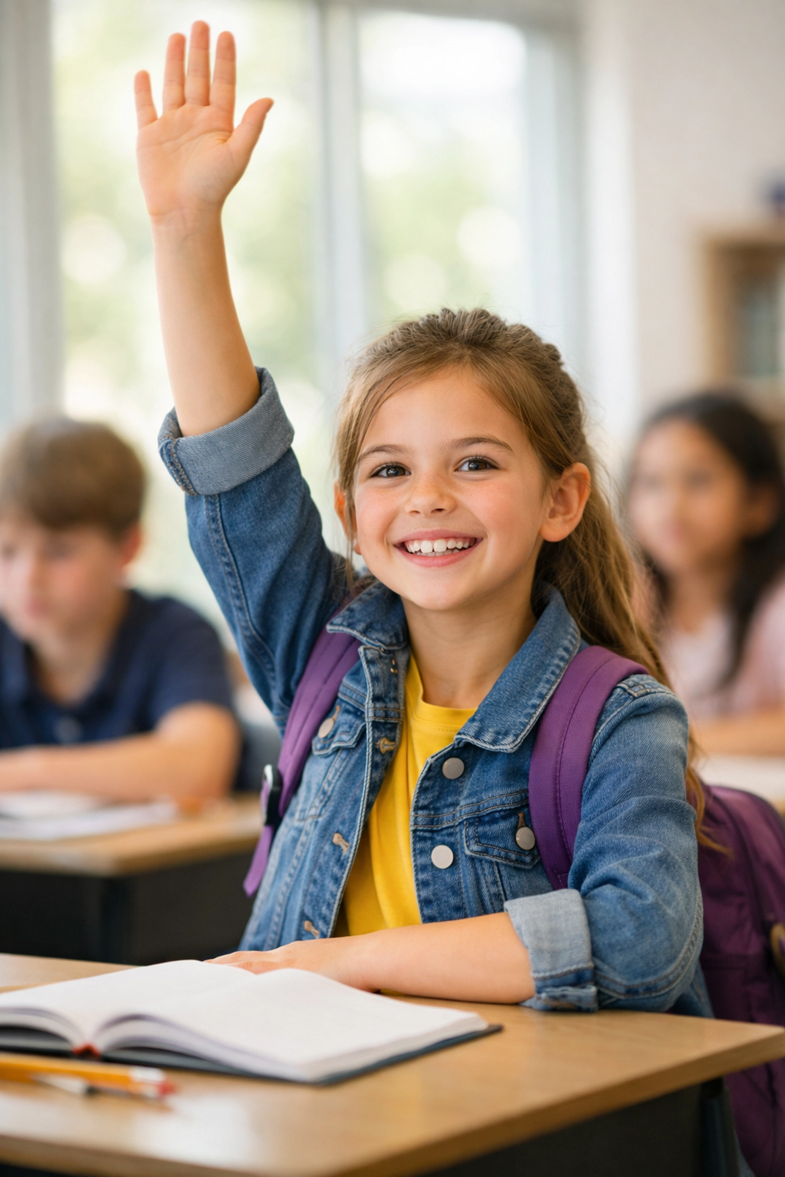 Confident child raising hand in classroom showing real-world benefits of karate training