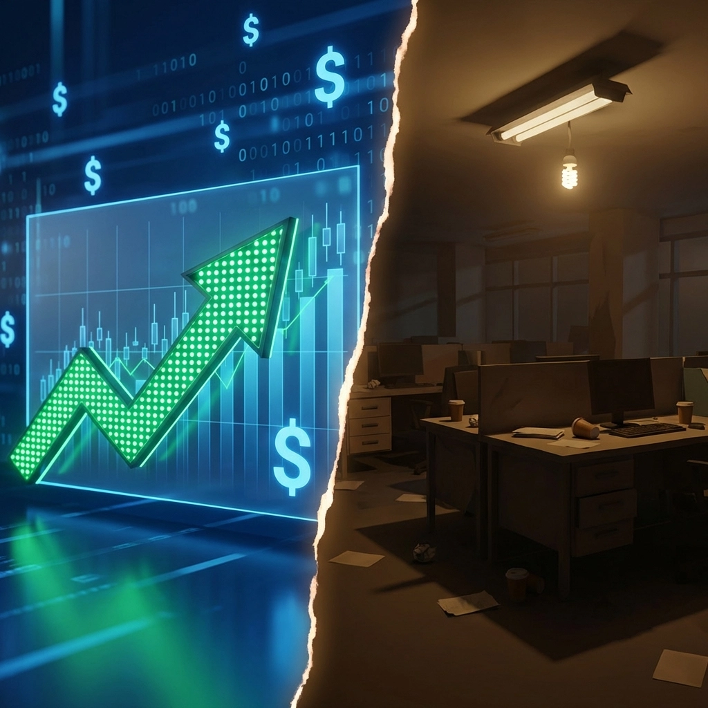 A split scene showing rising stock market gains contrasted with empty offices, highlighting the disconnect between Wall Street and job losses in 2026.