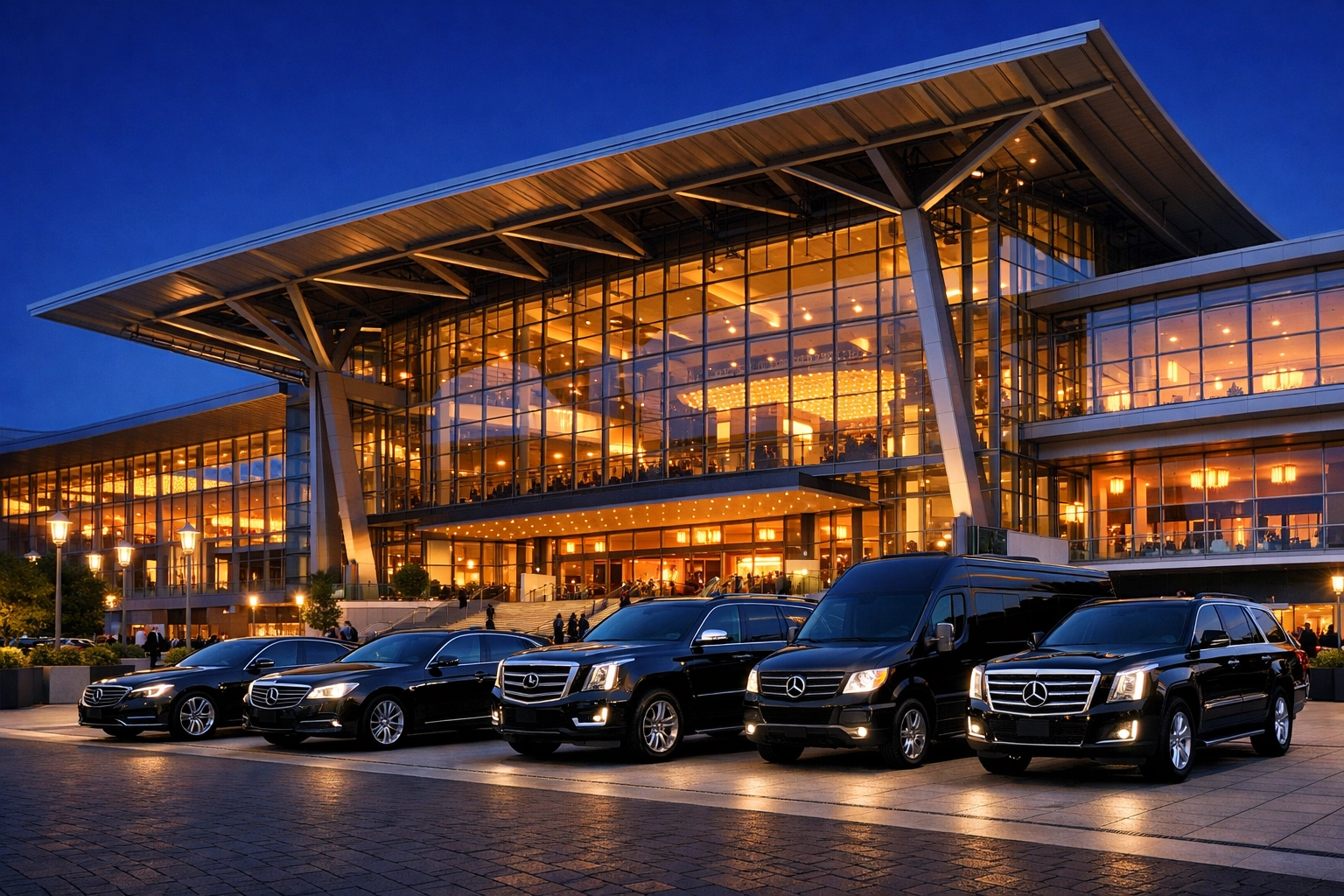 Modern convention center entrance with executive transport highlighting global event coordination and logistics.